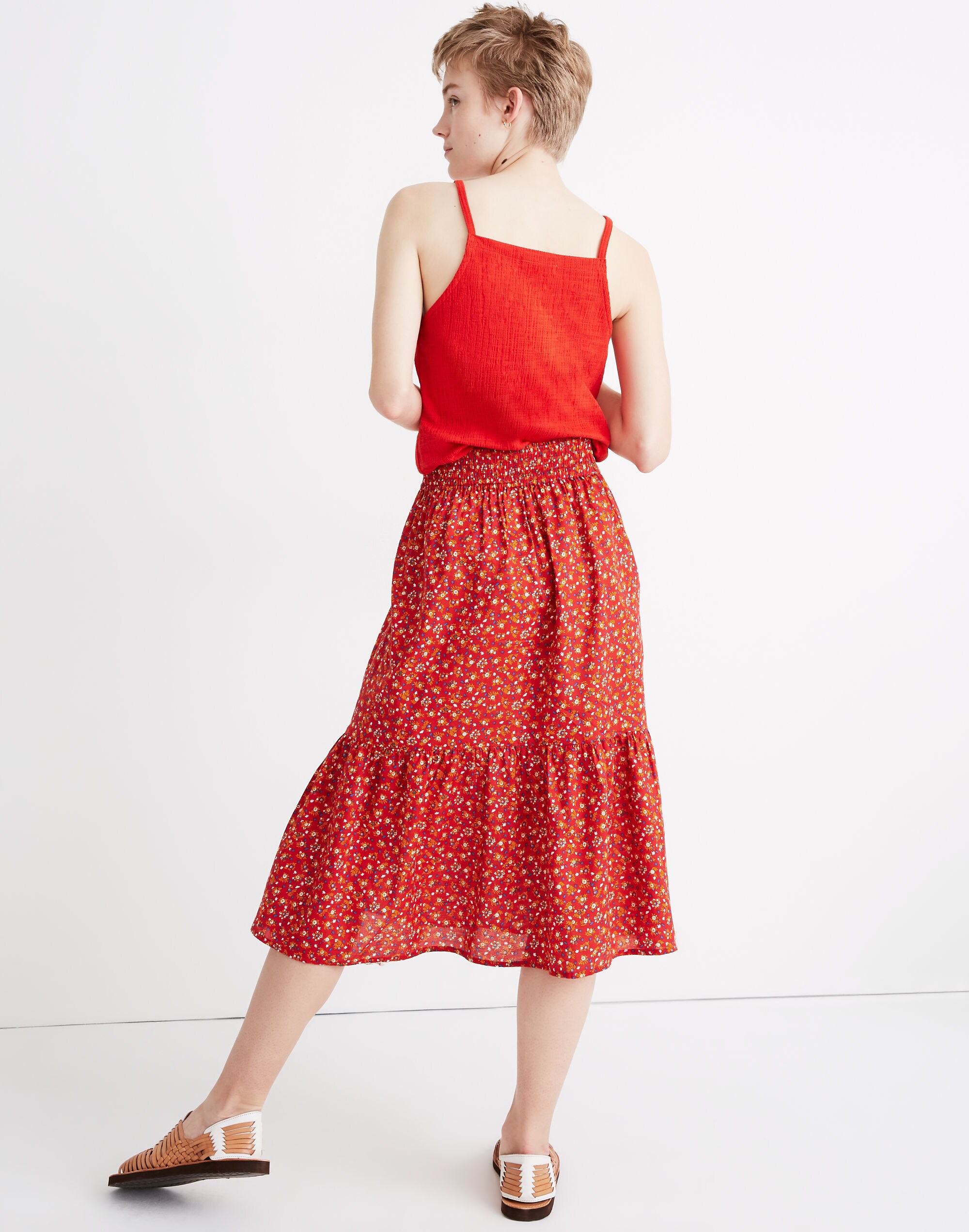 Smock-Waist Tiered Midi Skirt in Calico Floral
