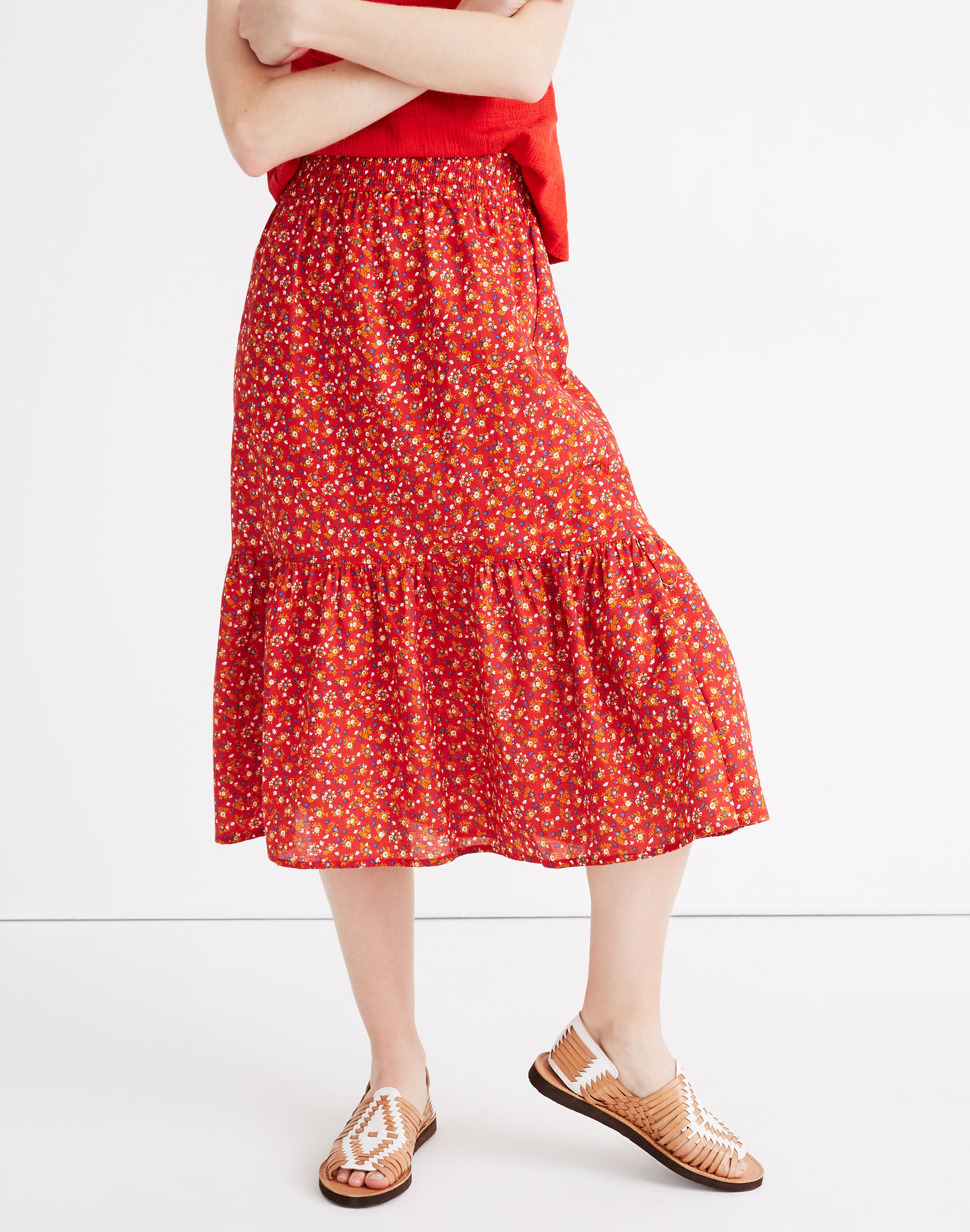 Smock-Waist Tiered Midi Skirt in Calico Floral
