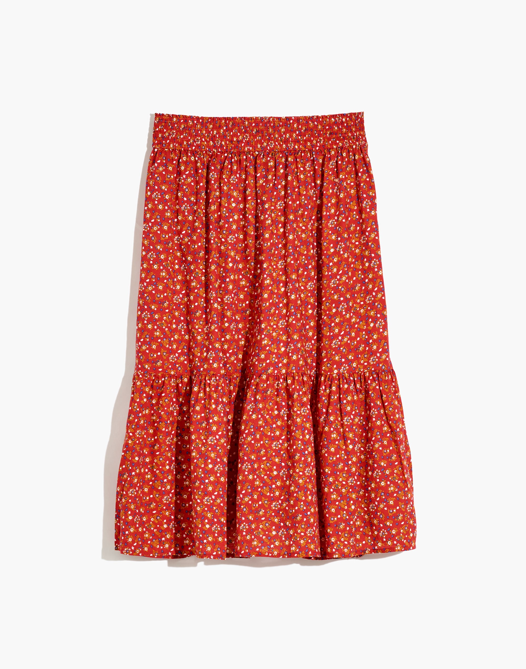 Smock-Waist Tiered Midi Skirt in Calico Floral