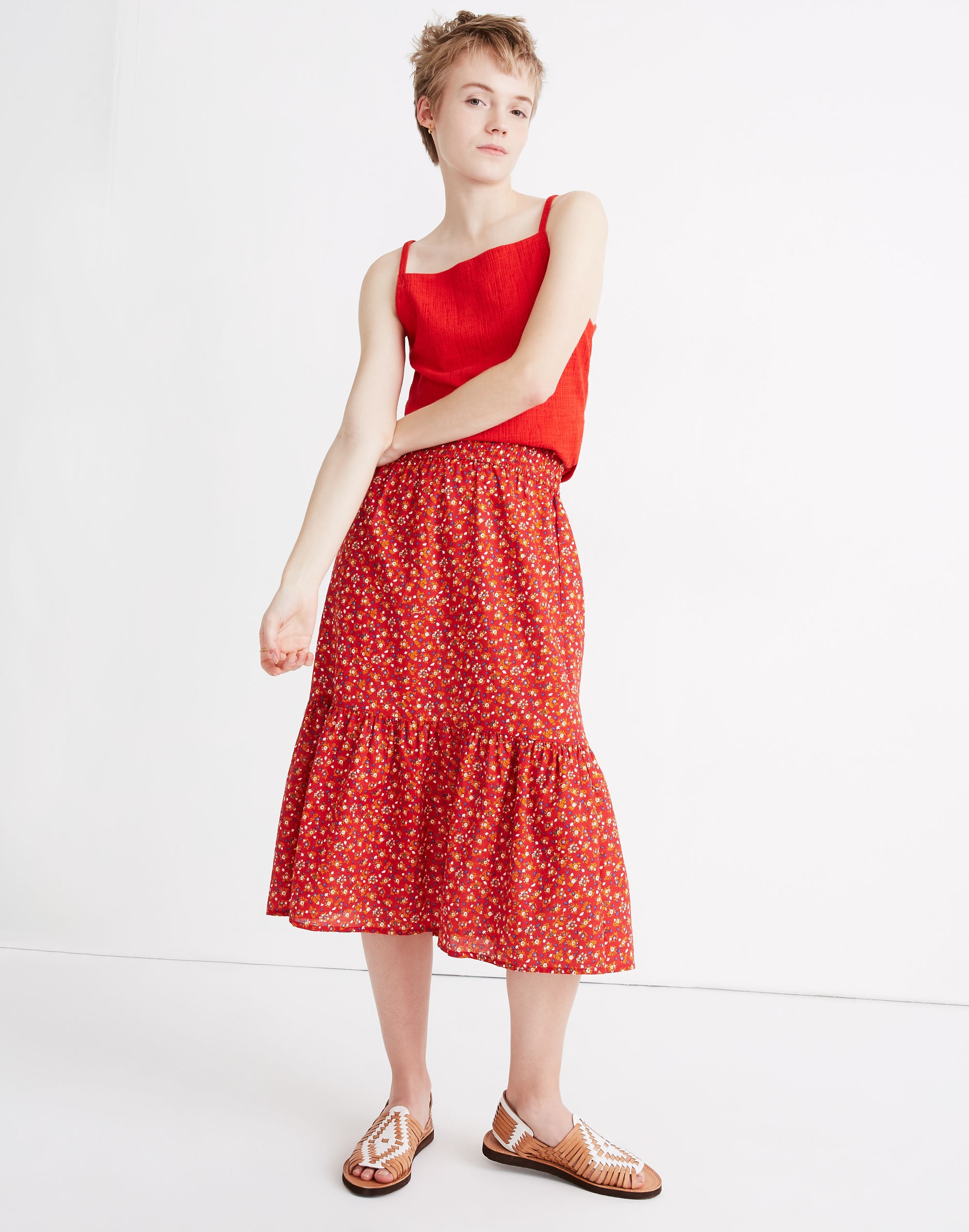 Smock-Waist Tiered Midi Skirt in Calico Floral