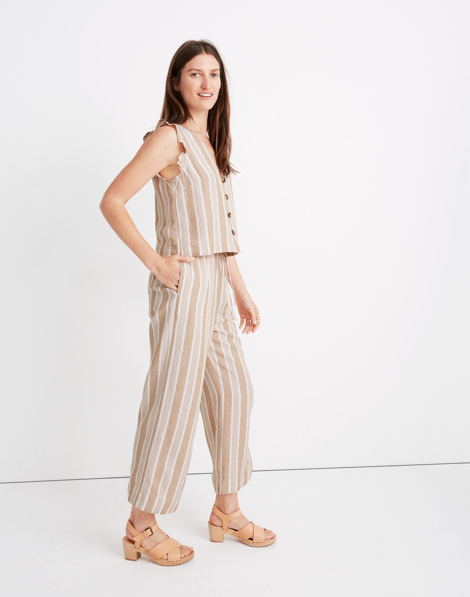 Linen-Blend Ruffle Button-Front Tank in Stripe