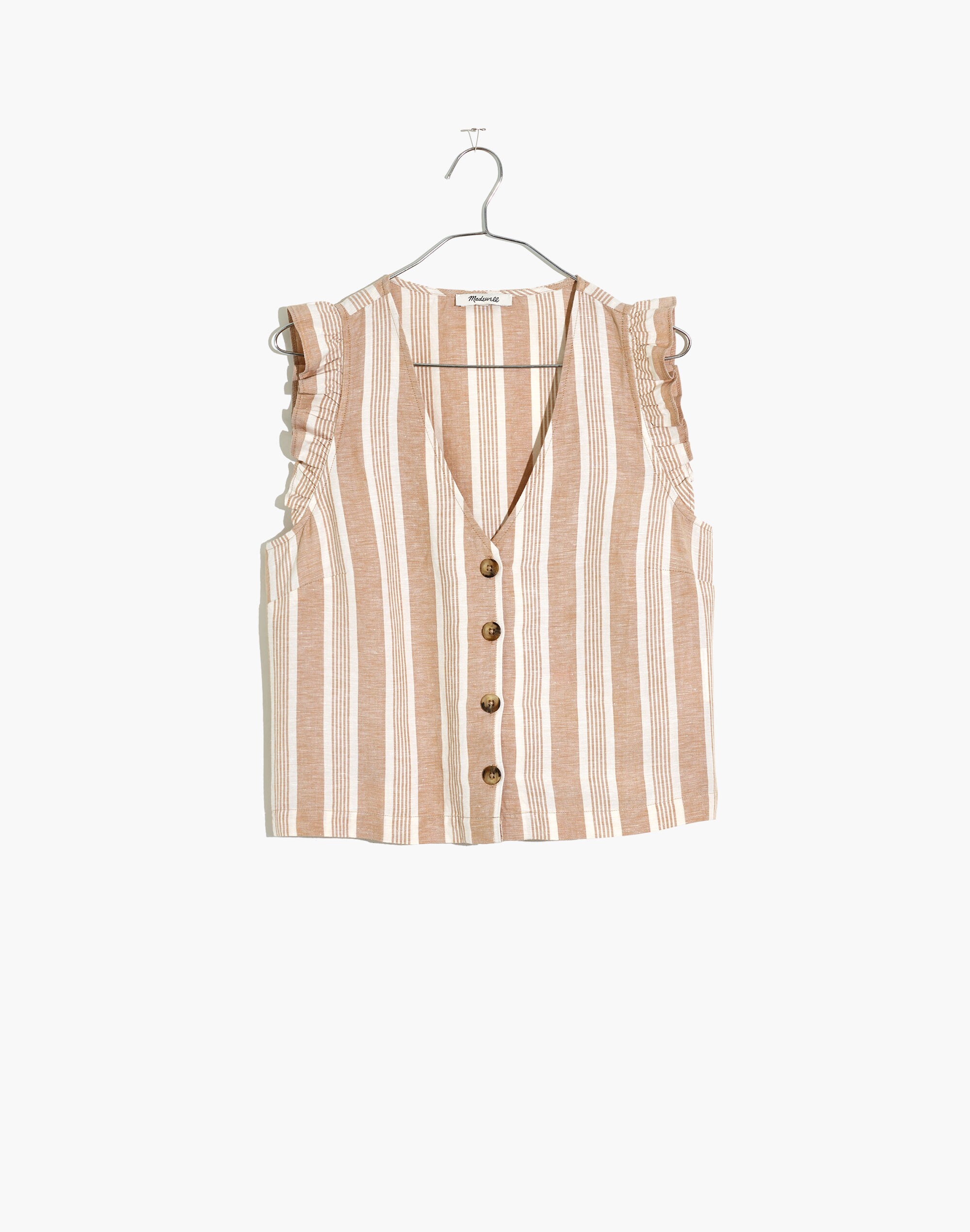 Linen-Blend Ruffle Button-Front Tank in Stripe