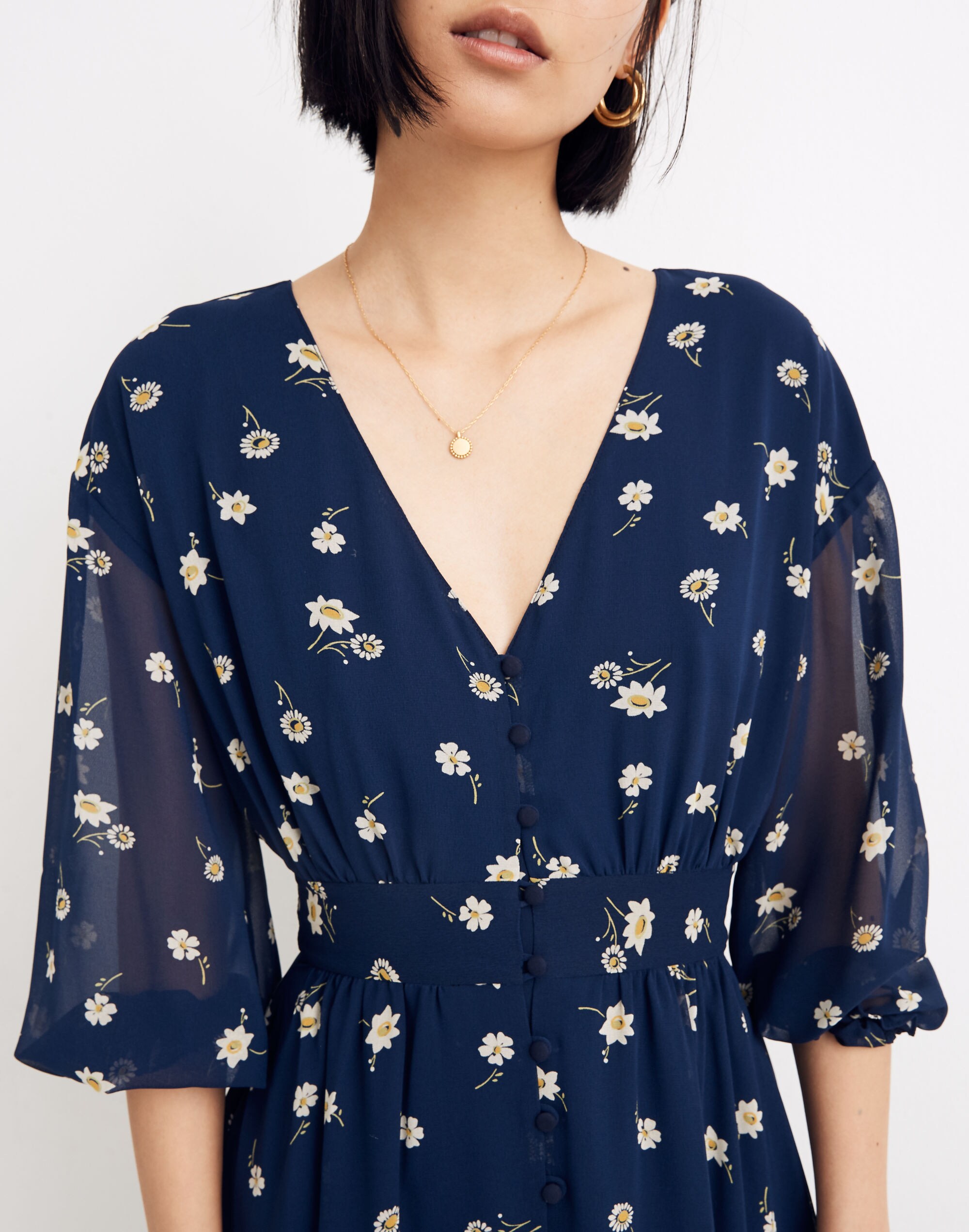 Sheer-Sleeve Button-Front Midi Dress in Floral Heyday