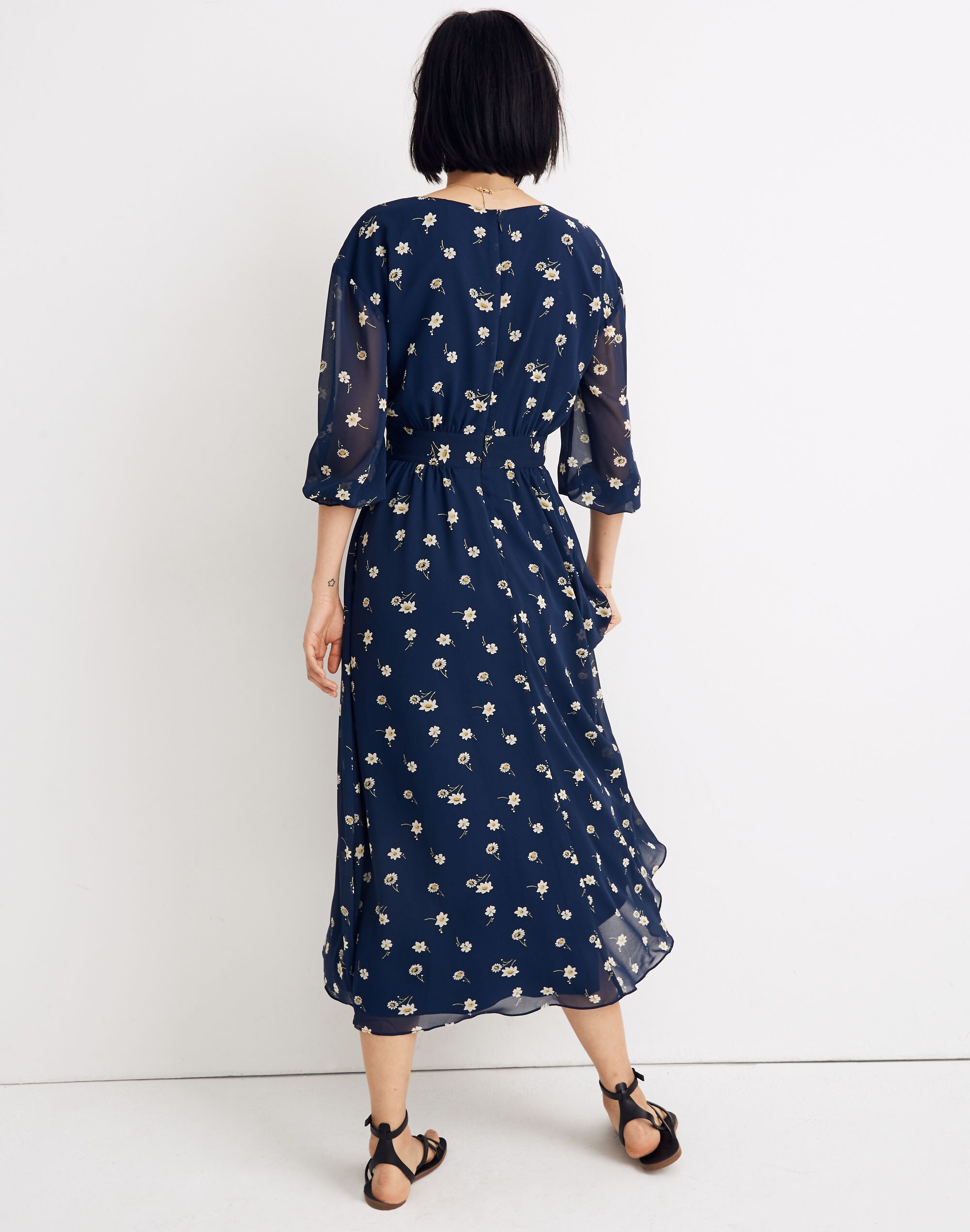 Sheer-Sleeve Button-Front Midi Dress in Floral Heyday