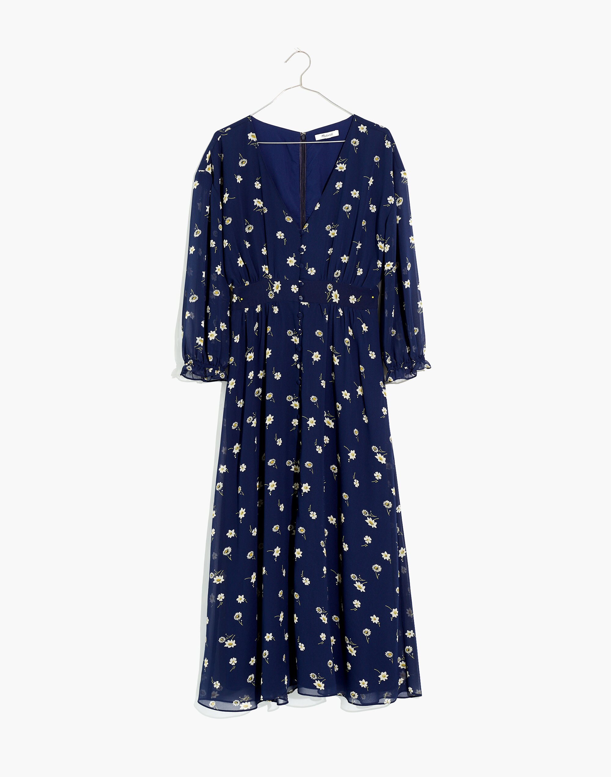 Sheer-Sleeve Button-Front Midi Dress in Floral Heyday