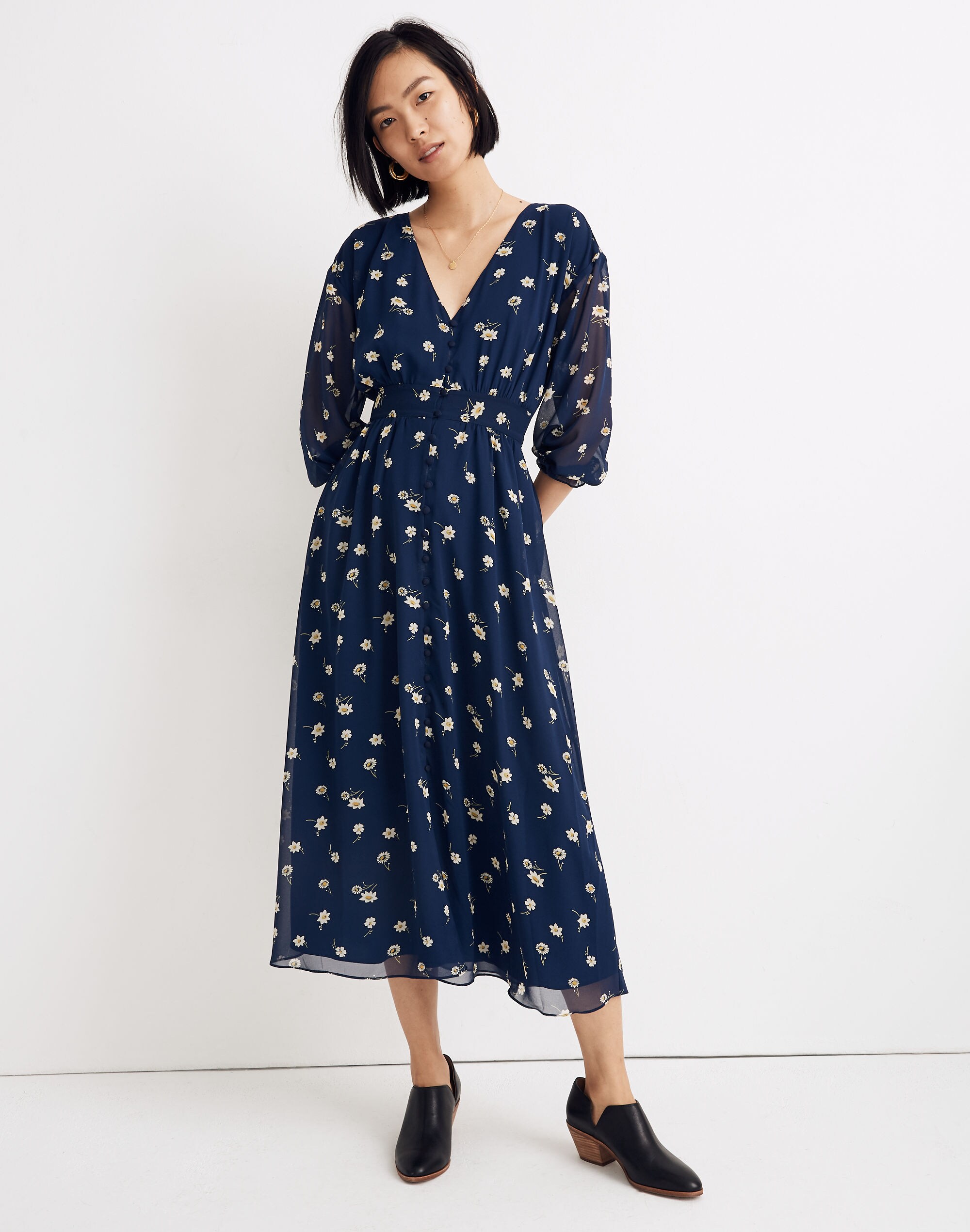 Sheer-Sleeve Button-Front Midi Dress in Floral Heyday