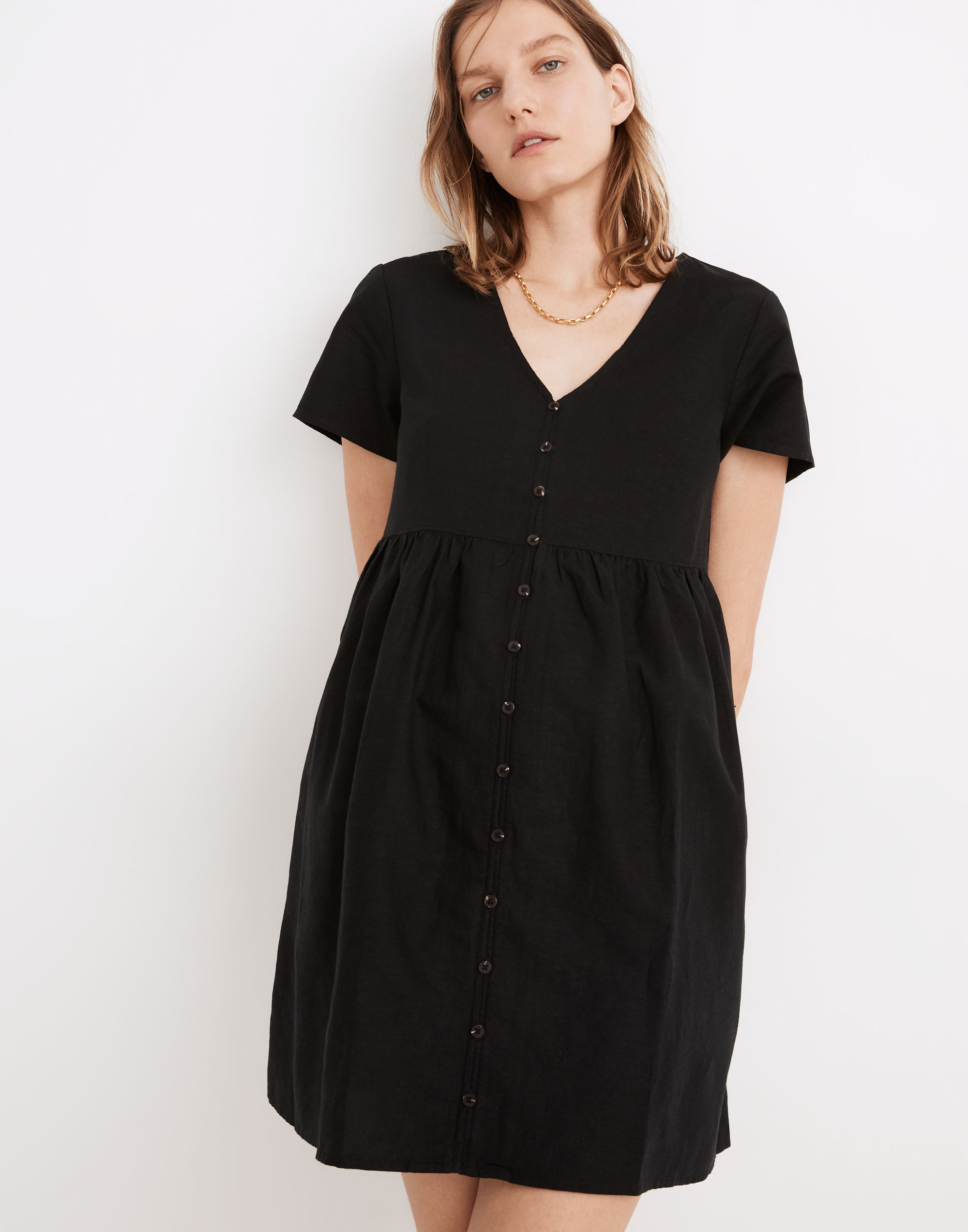 Petite Linen-Blend Alexandra Button-Front Mini Dress