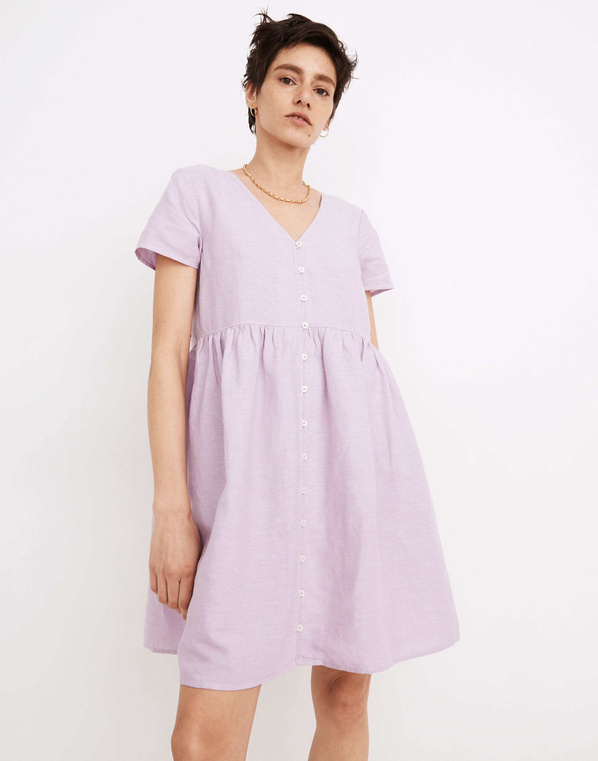 Petite Linen-Blend Alexandra Button-Front Mini Dress