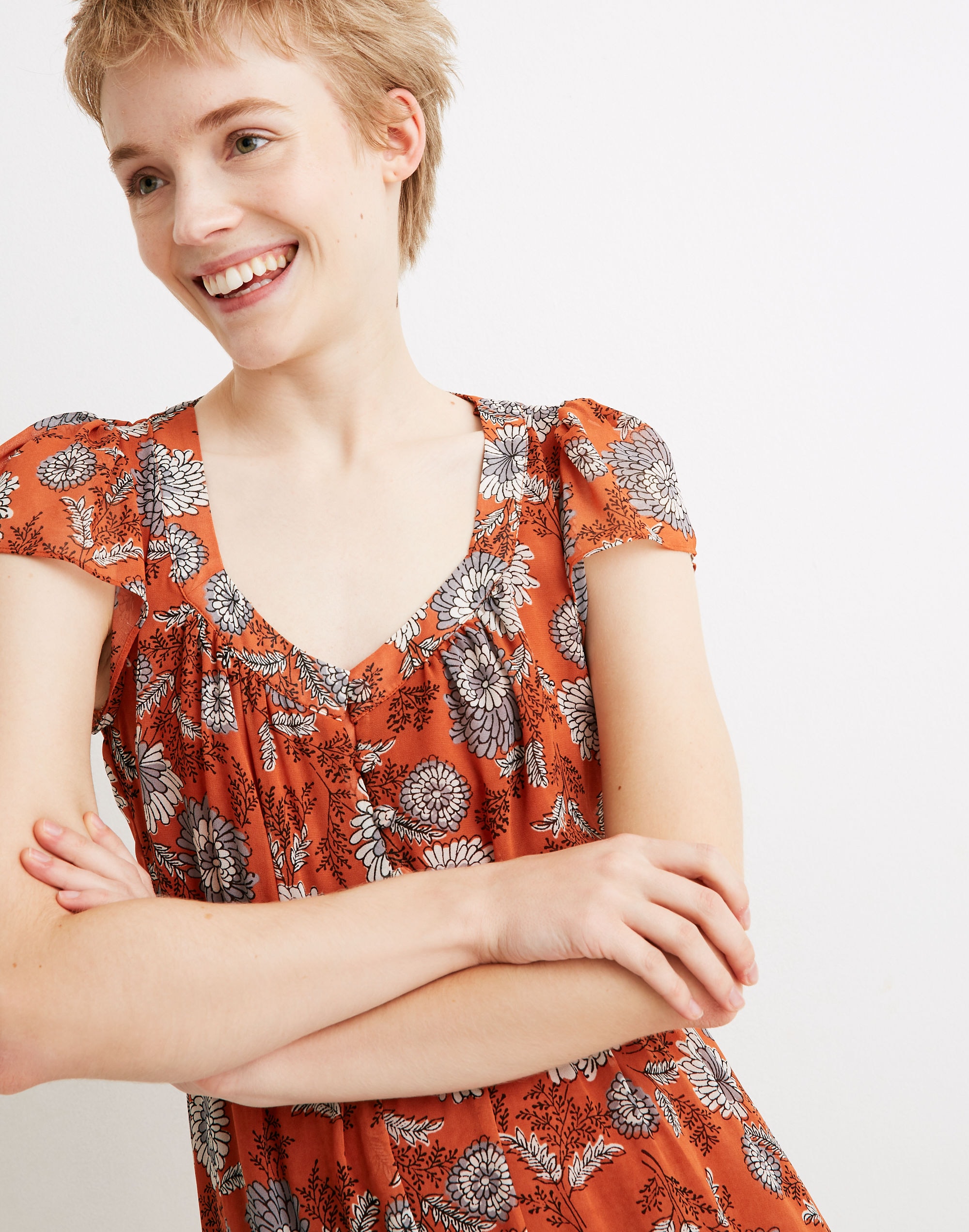 Petite Sheer-Sleeve Button-Front Midi Dress in Gathered Blooms