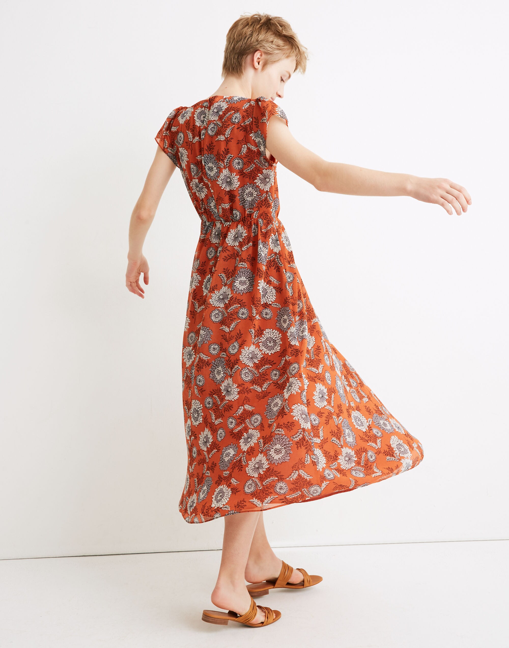 Petite Sheer-Sleeve Button-Front Midi Dress in Gathered Blooms