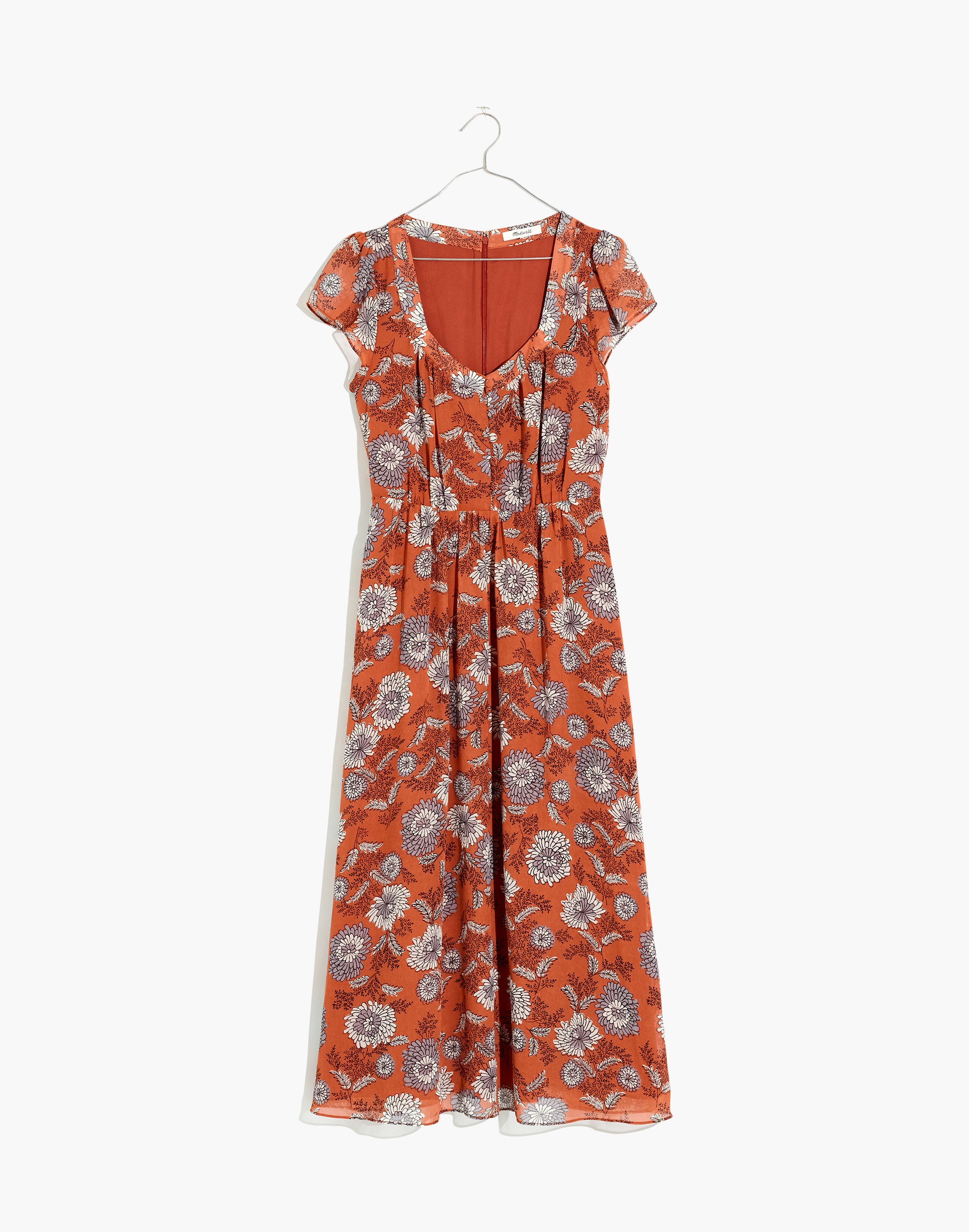 Sheer-Sleeve Button-Front Midi Dress in Gathered Blooms