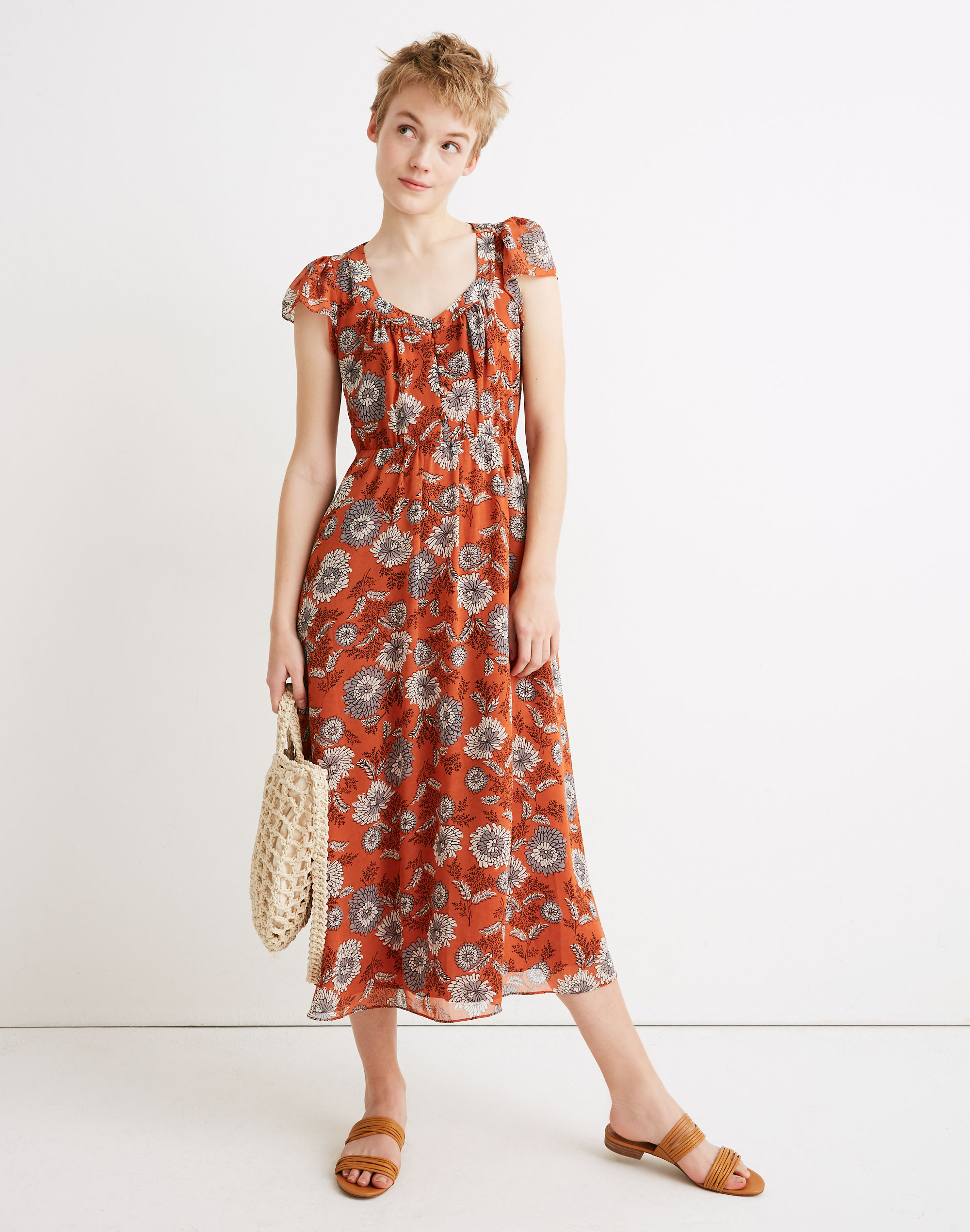 sheer-sleeve button-front midi dress in gathered blooms
