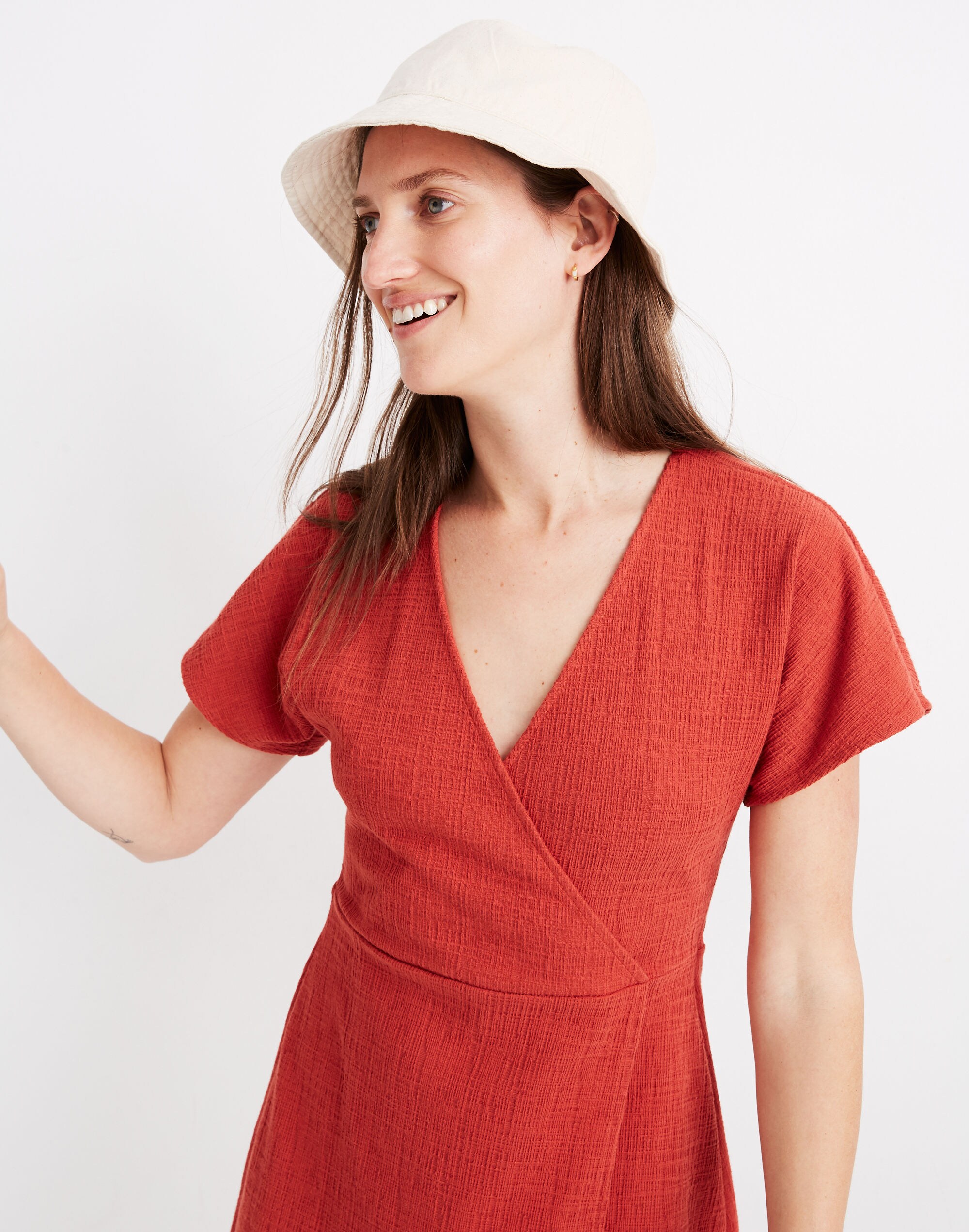 Cross-Front Flutter-Sleeve Mini Dress