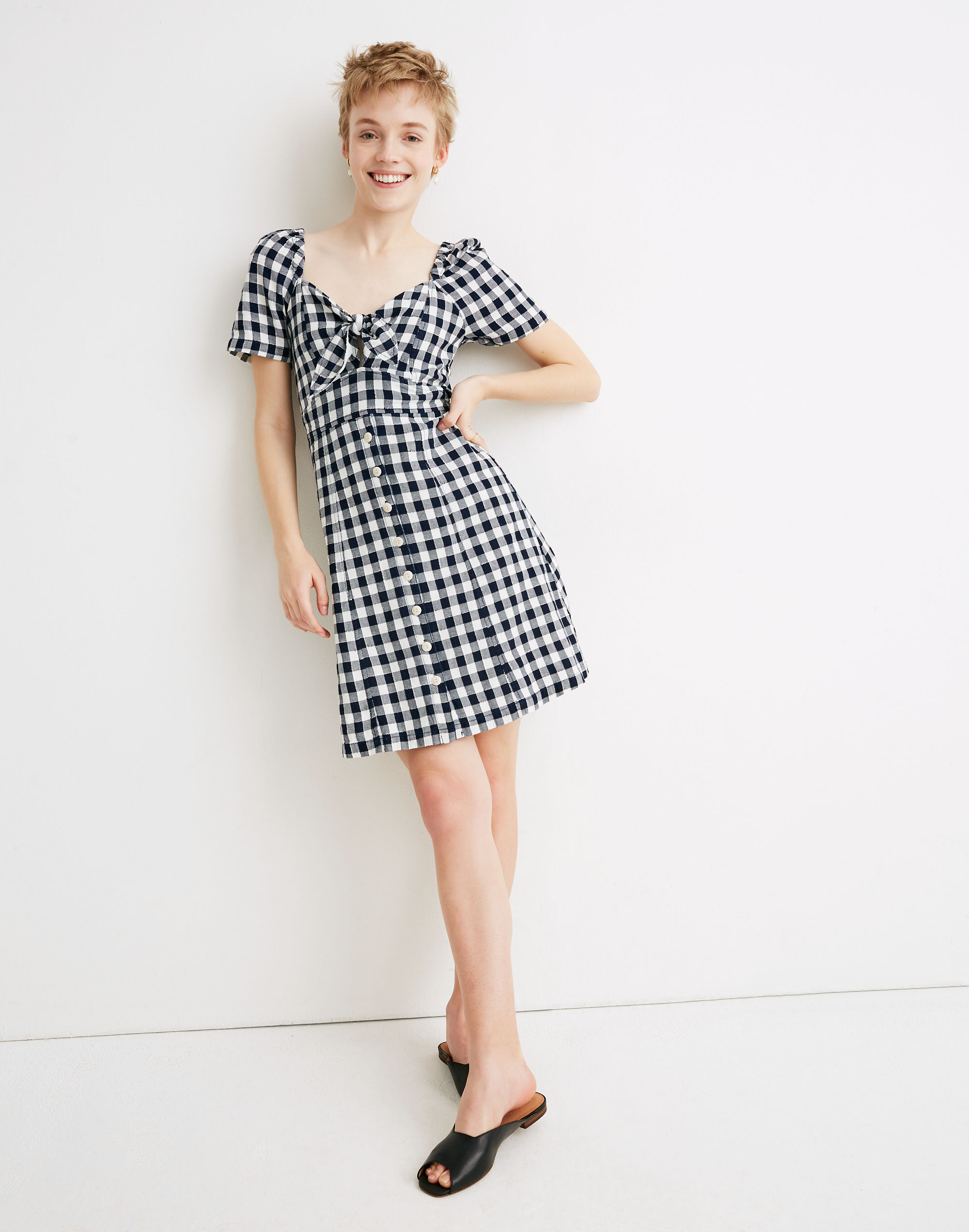 Gingham Tie-Front Swing Dress