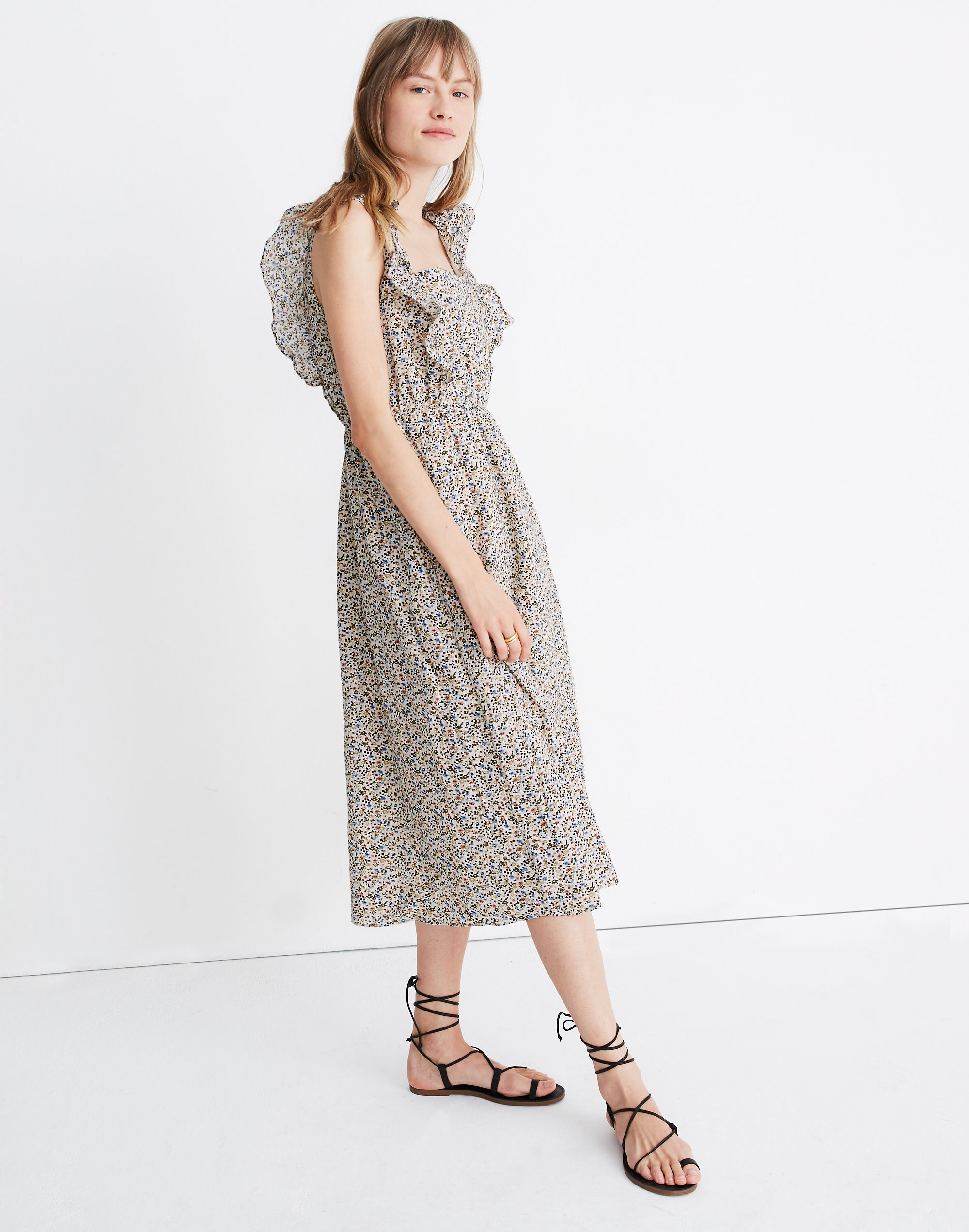 Ruffle-Strap Square-Neck Midi Dress in Fieldwalk Floral