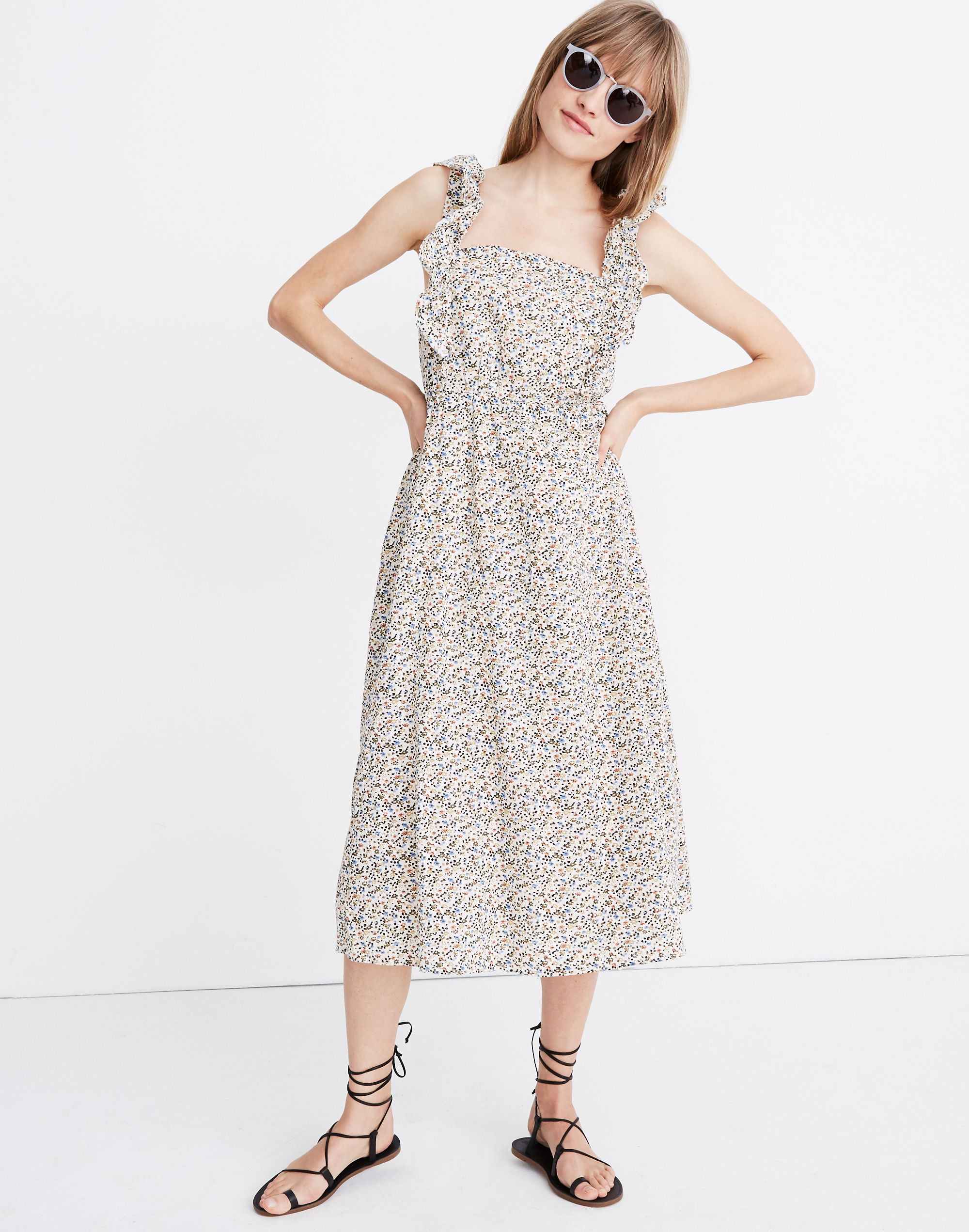 ruffle-strap square-neck midi dress in fieldwalk floral