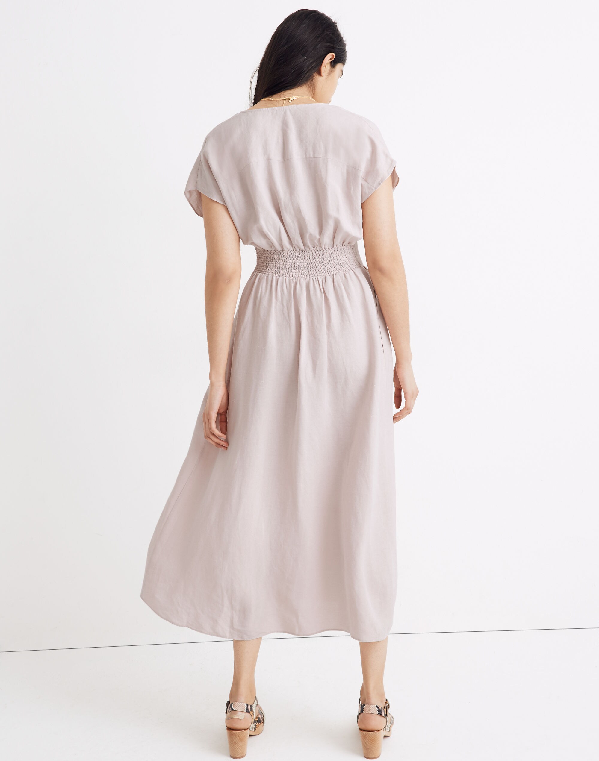 Linen-Blend Dolman-Sleeve Crossover Midi Dress