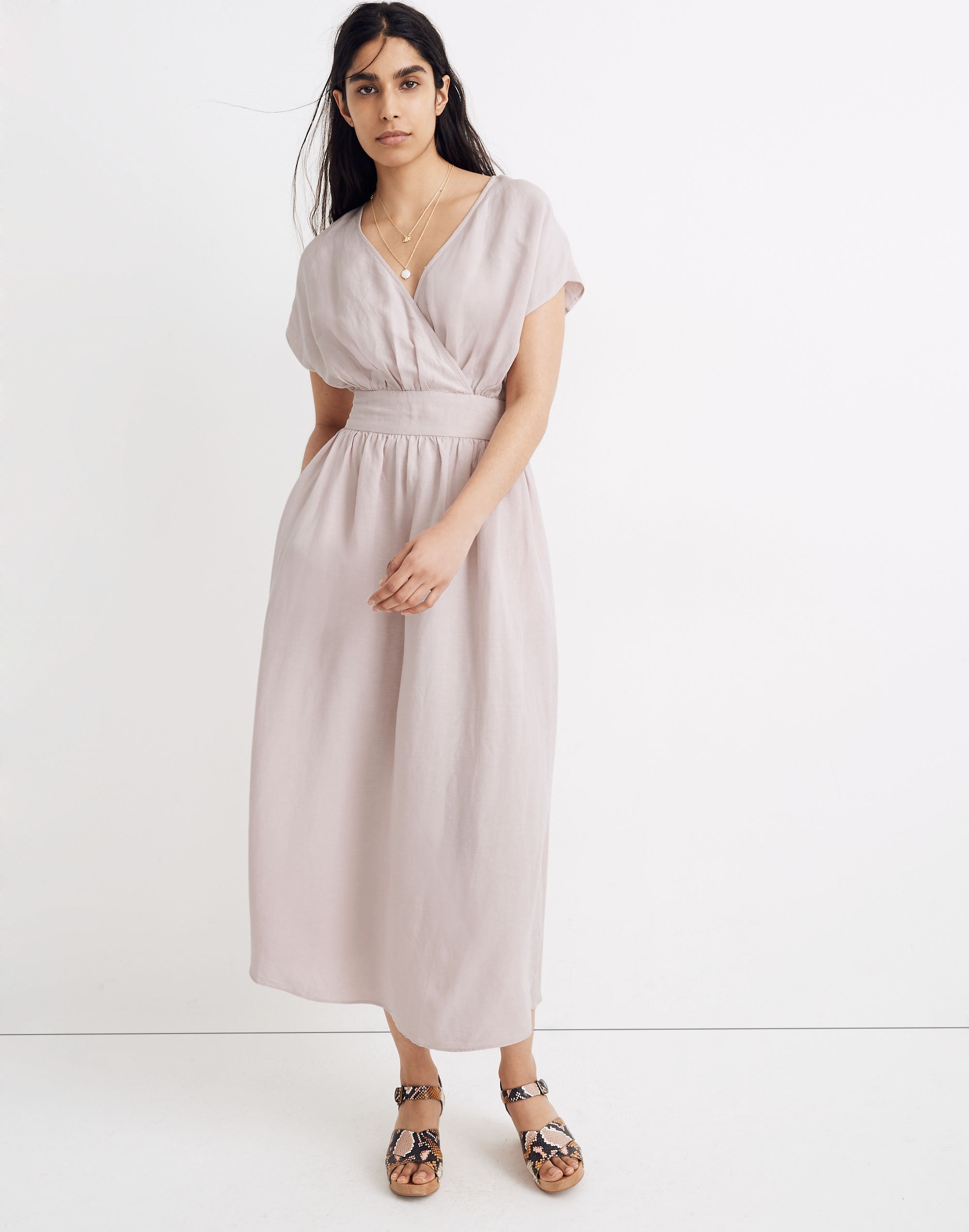 Linen-Blend Dolman-Sleeve Crossover Midi Dress