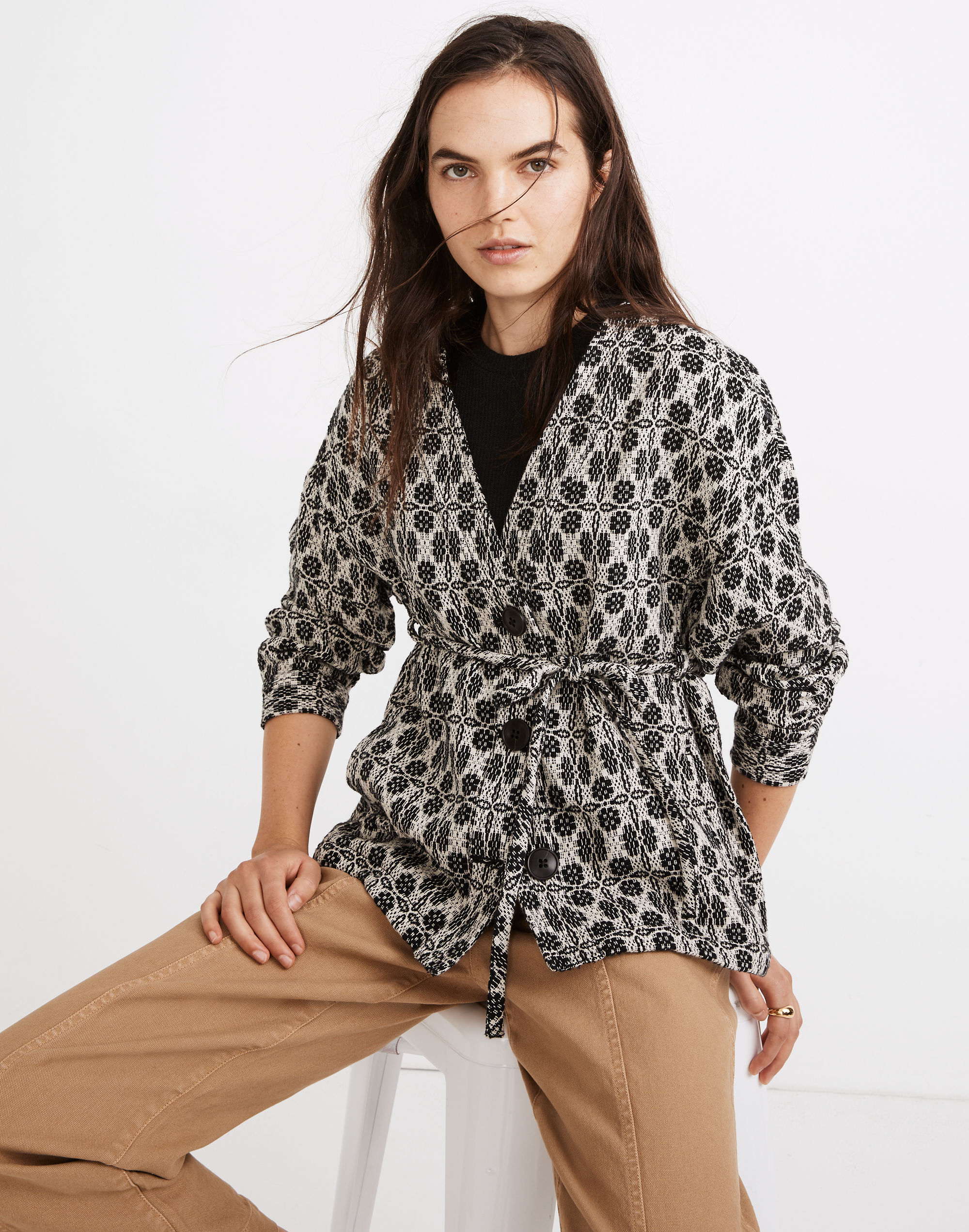 Geometric Jacquard Tie-Waist Jacket