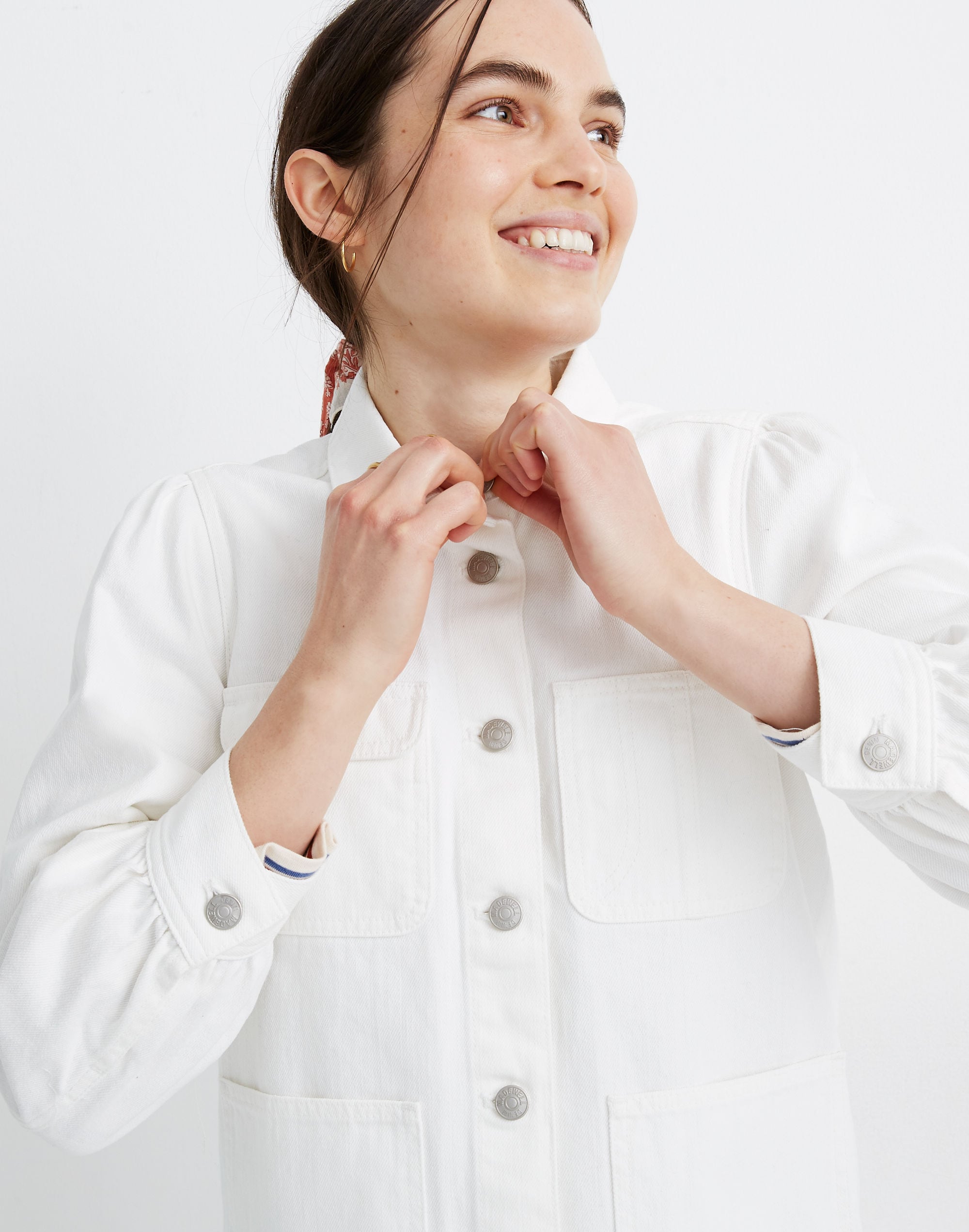 White Denim Puff-Sleeve Chore Jacket