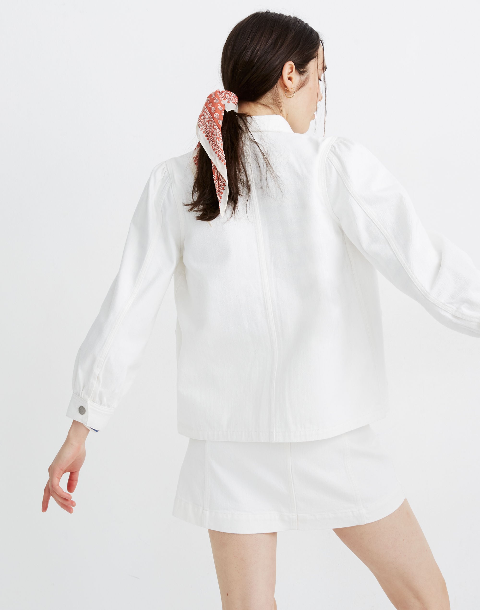 White Denim Puff-Sleeve Chore Jacket