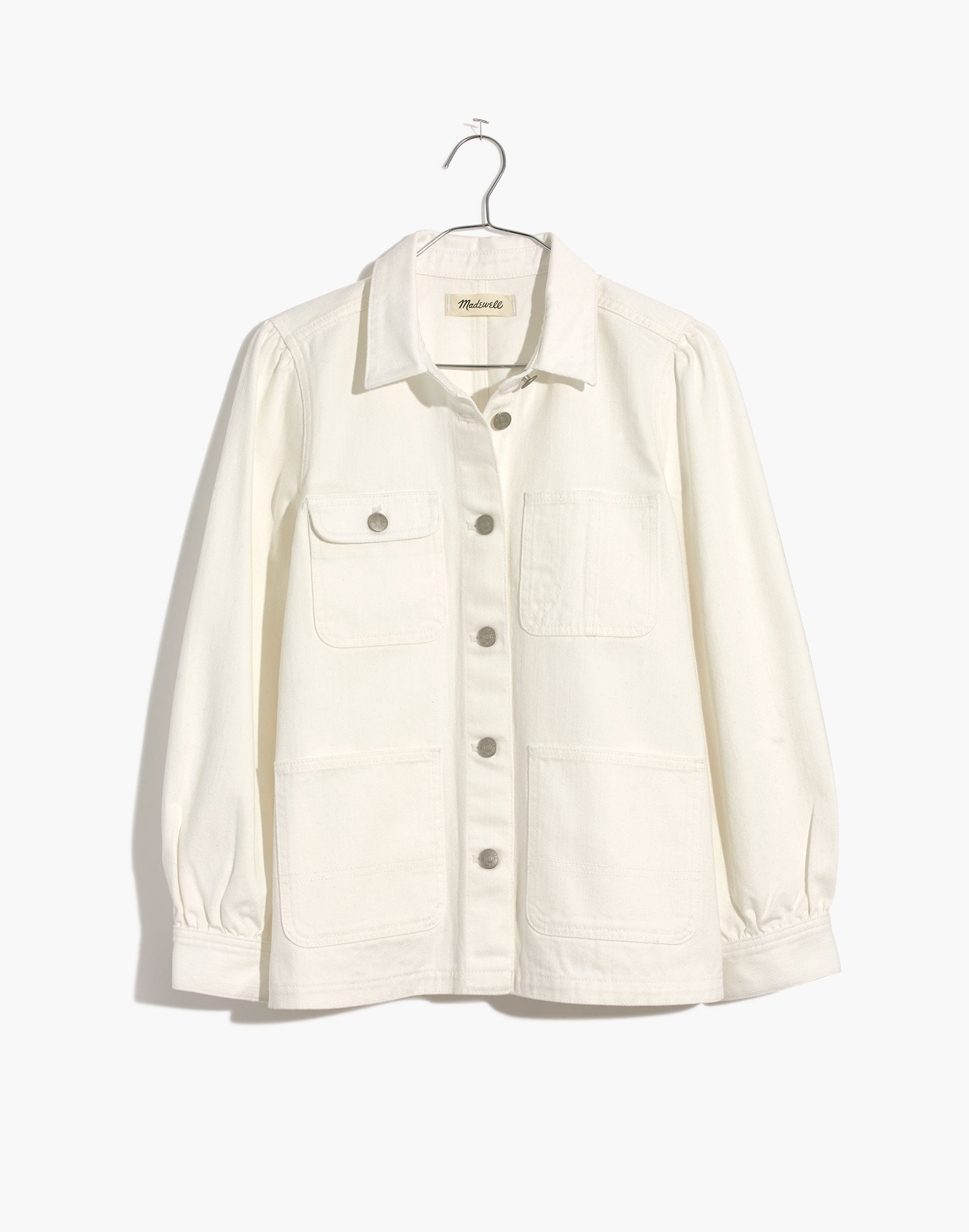 White Denim Puff-Sleeve Chore Jacket