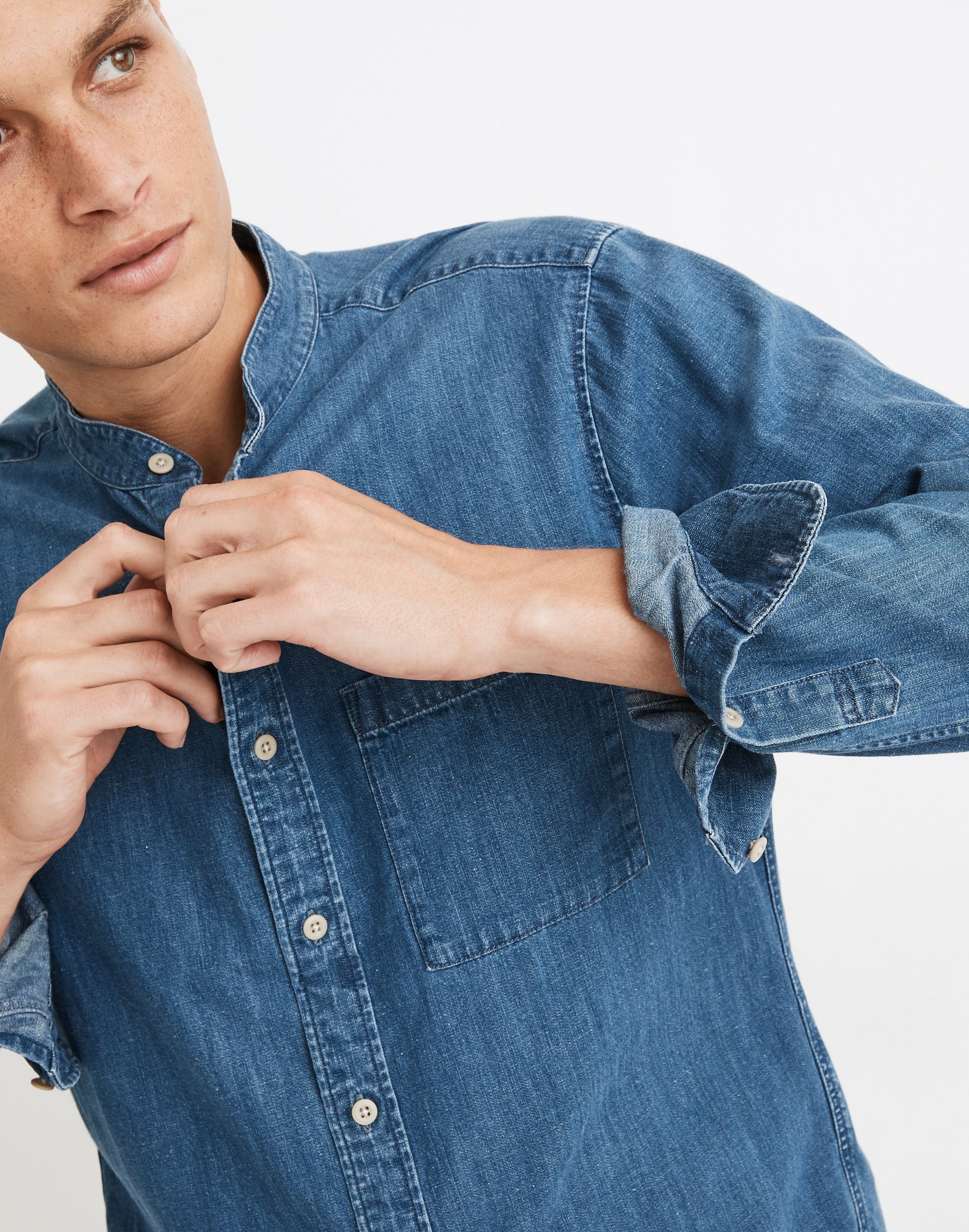 Denim Banded-Collar Perfect Shirt