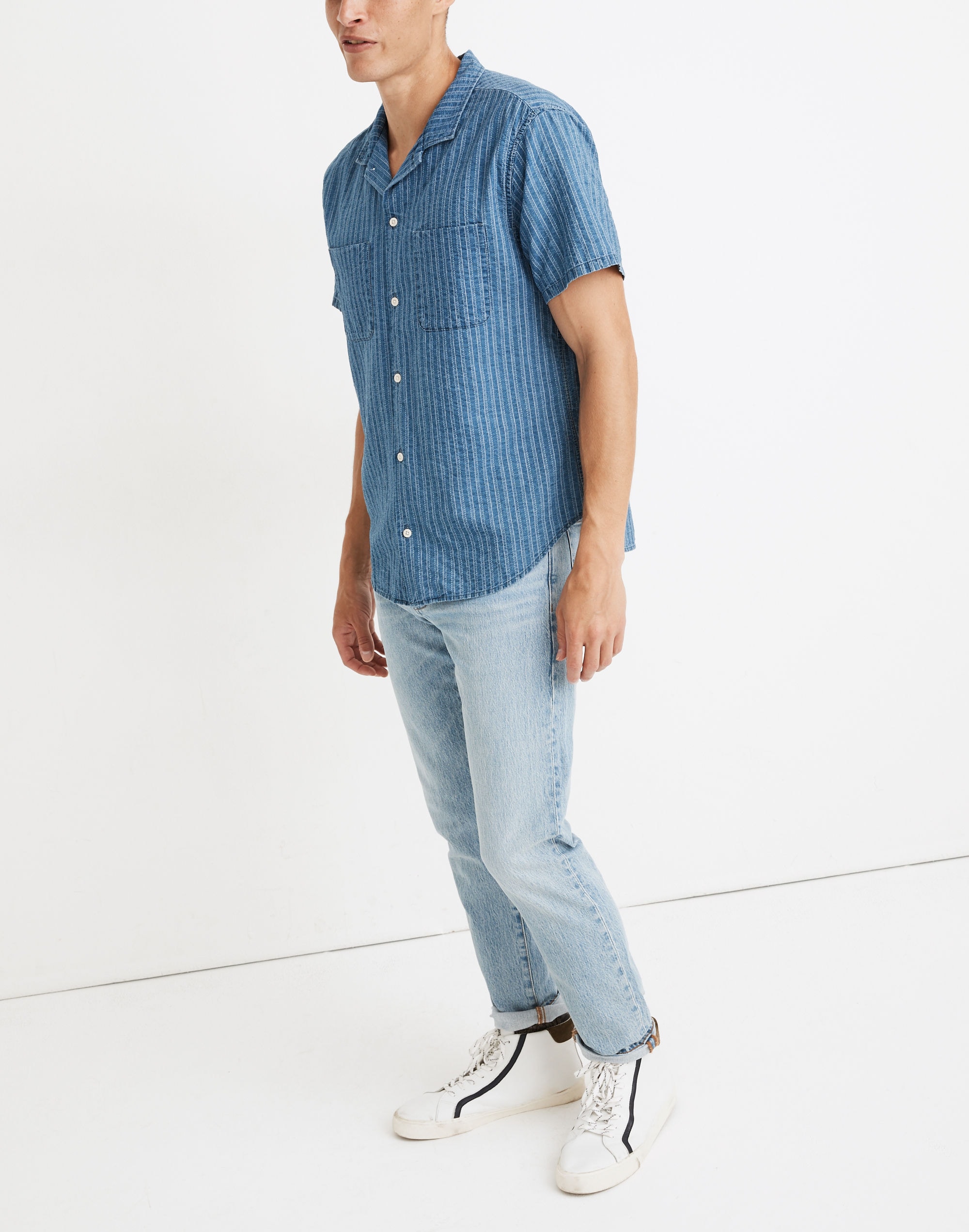 Indigo Easy Camp Shirt in Textured Stripe