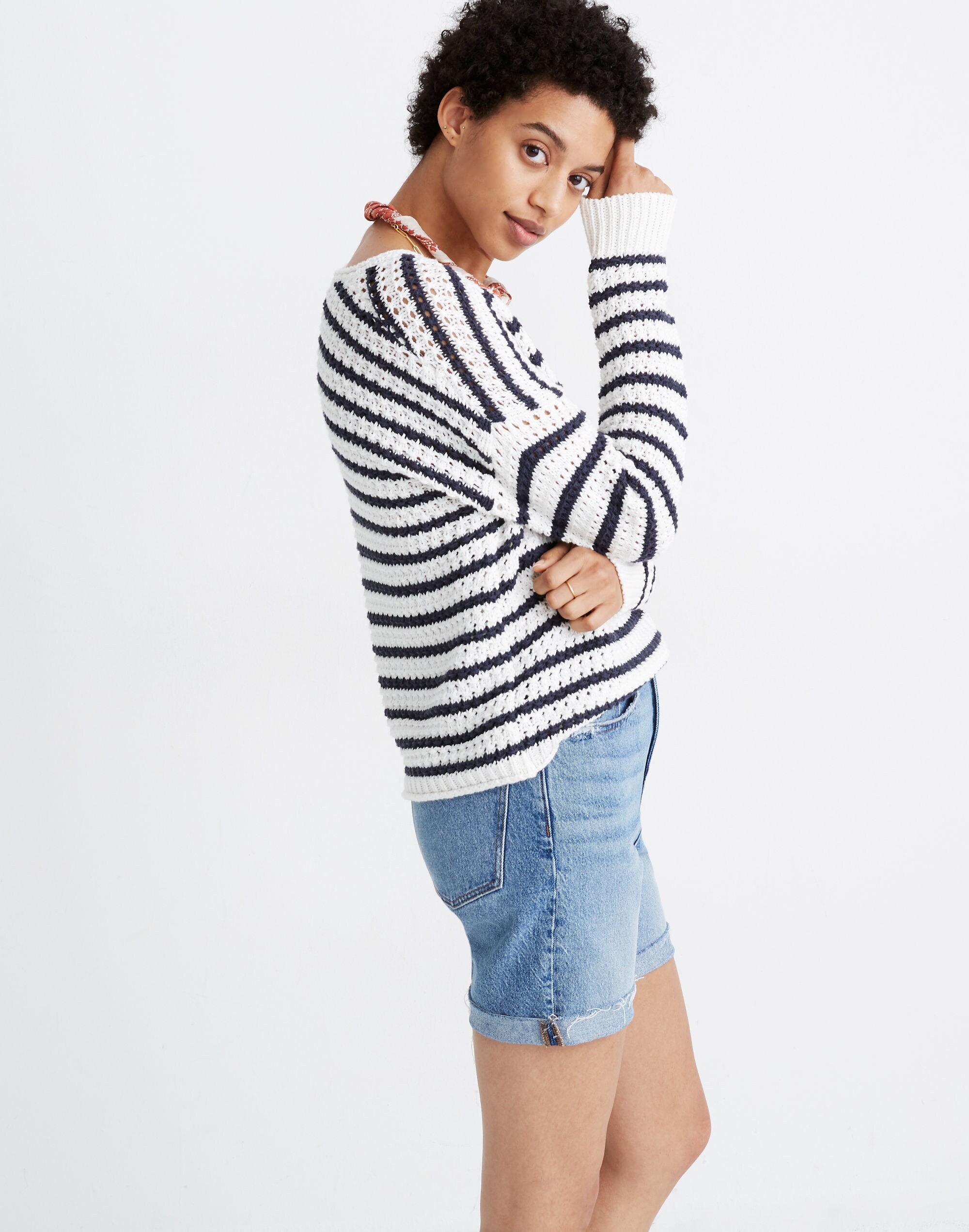 Striped Open-Stitch Austen Pullover Sweater