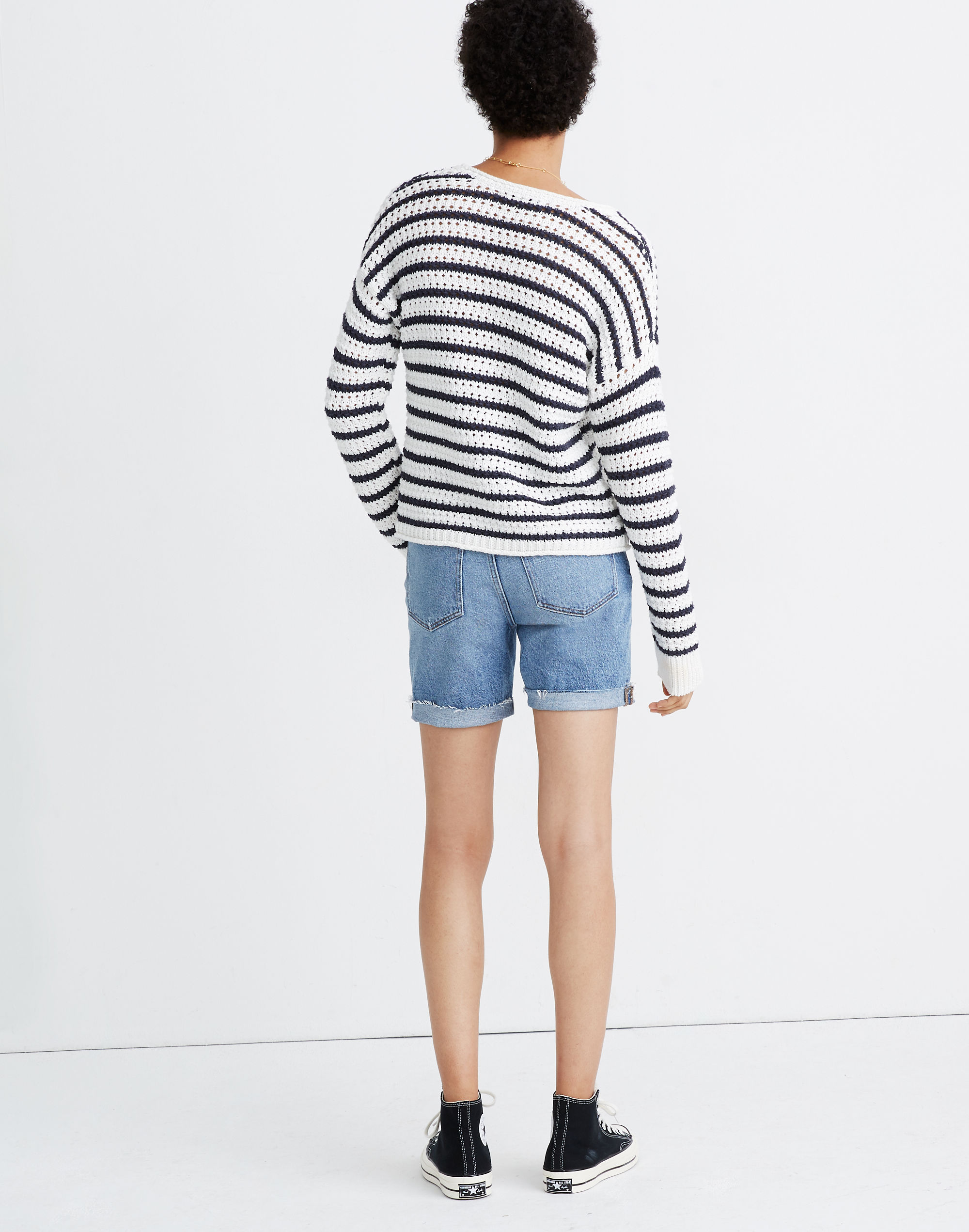 Striped Open-Stitch Austen Pullover Sweater