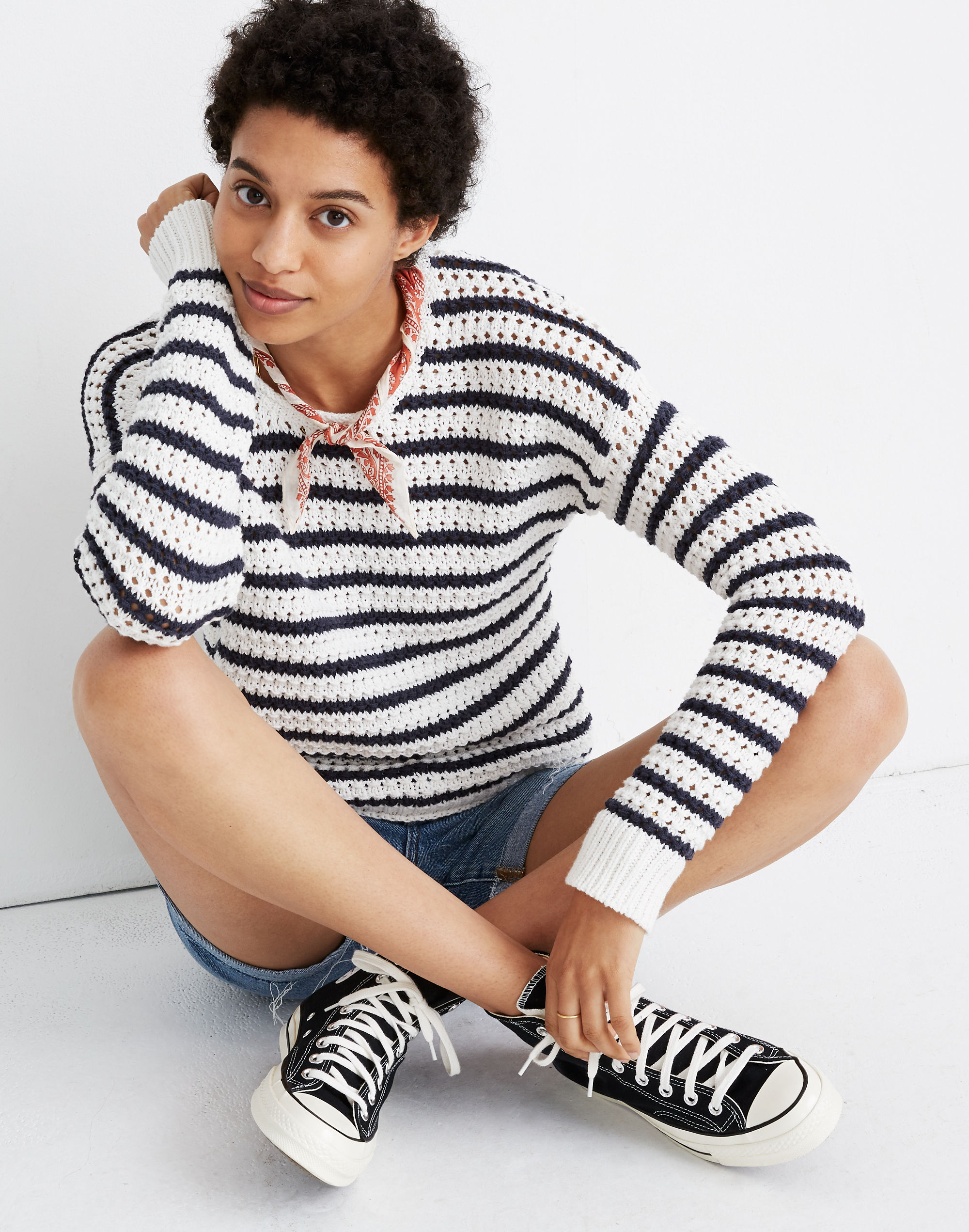 Striped Open-Stitch Austen Pullover Sweater