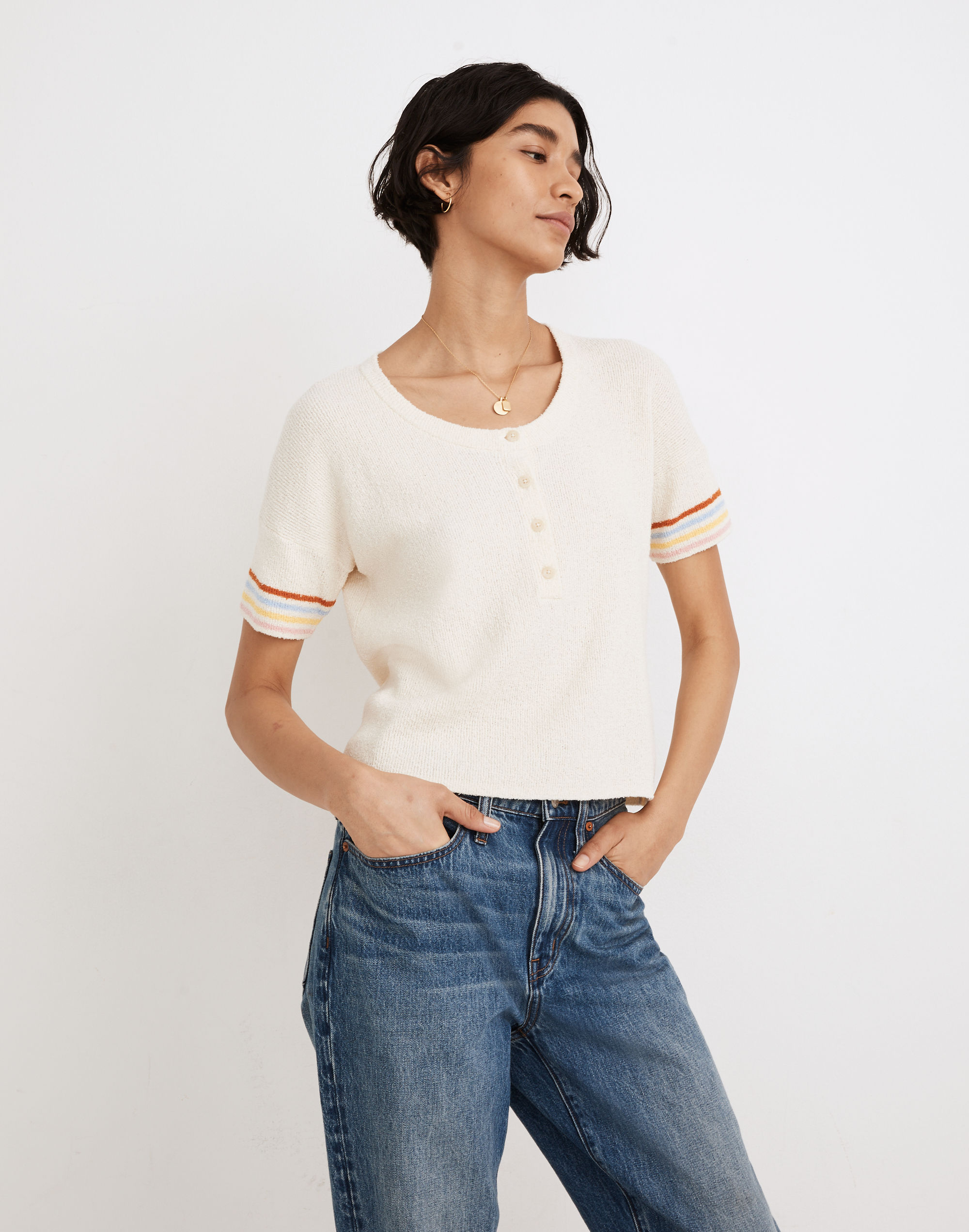 Henley Sweater Tee in Rainbow Stripe