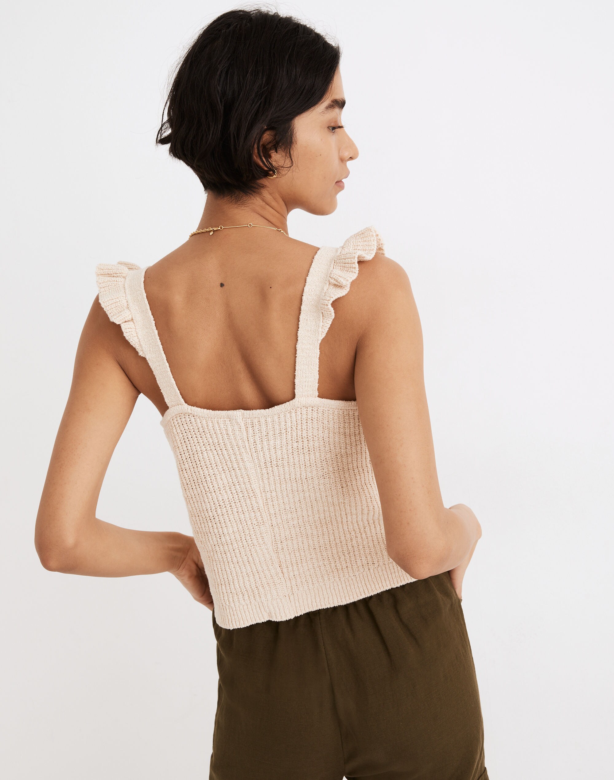 Ruffle-Strap Button-Front Sweater Tank