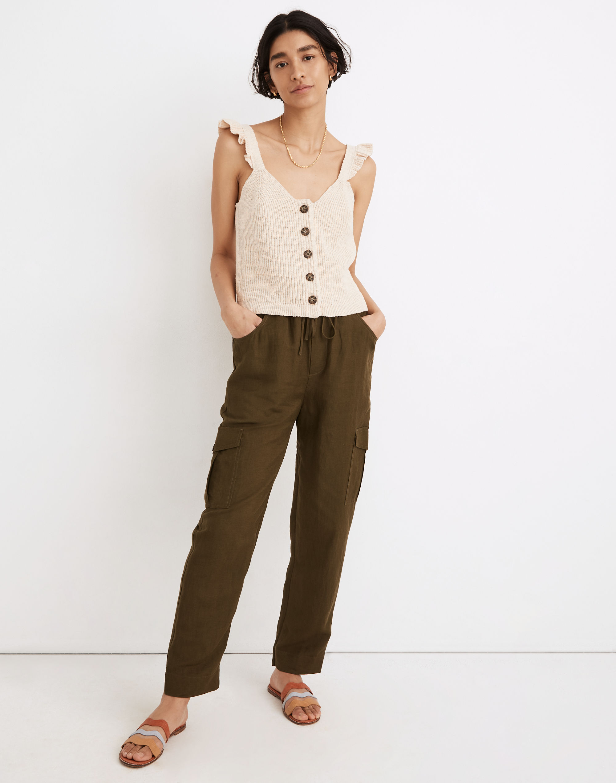 Ruffle-Strap Button-Front Sweater Tank