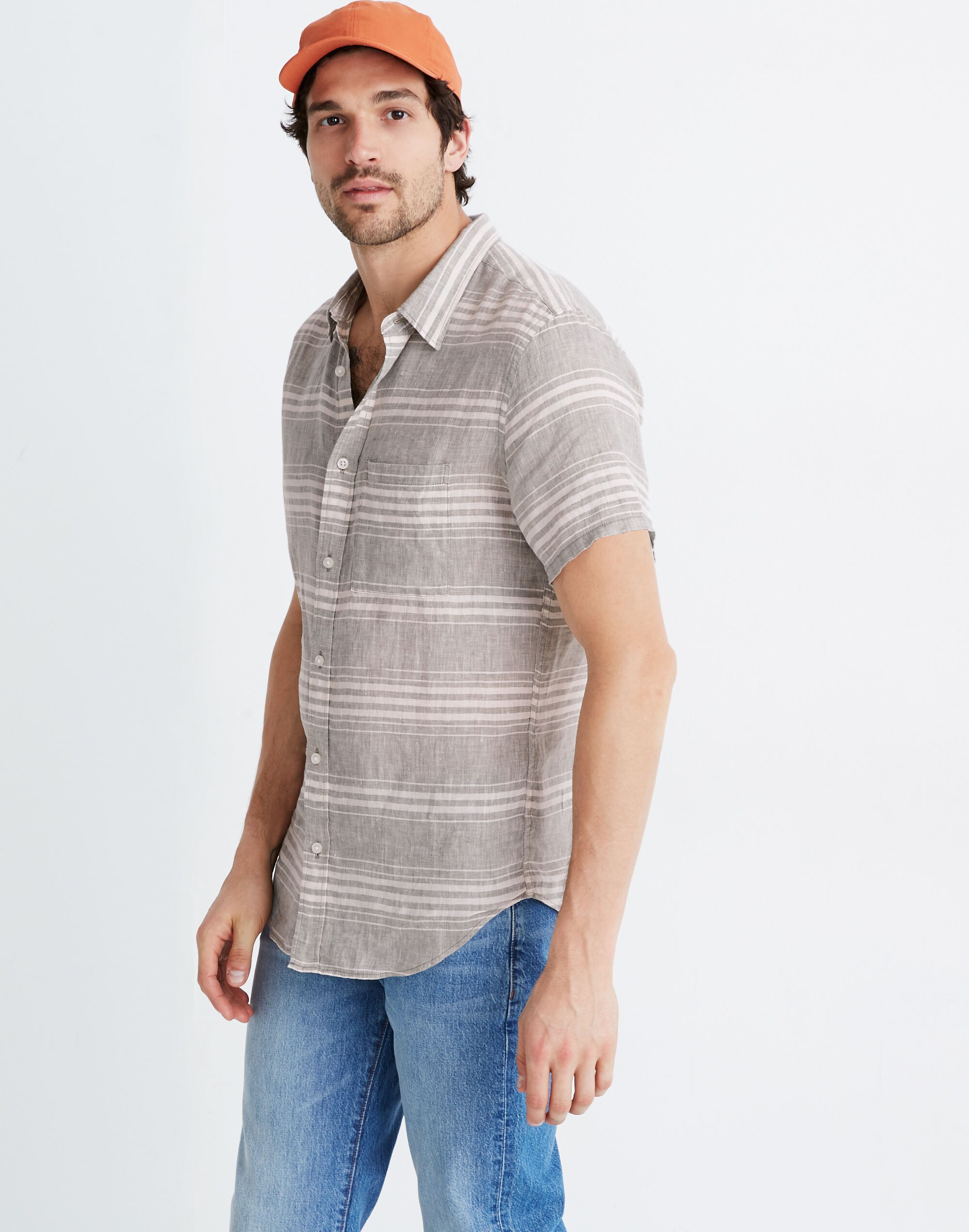Linen Short-Sleeve Perfect Shirt in Muirwood Stripe