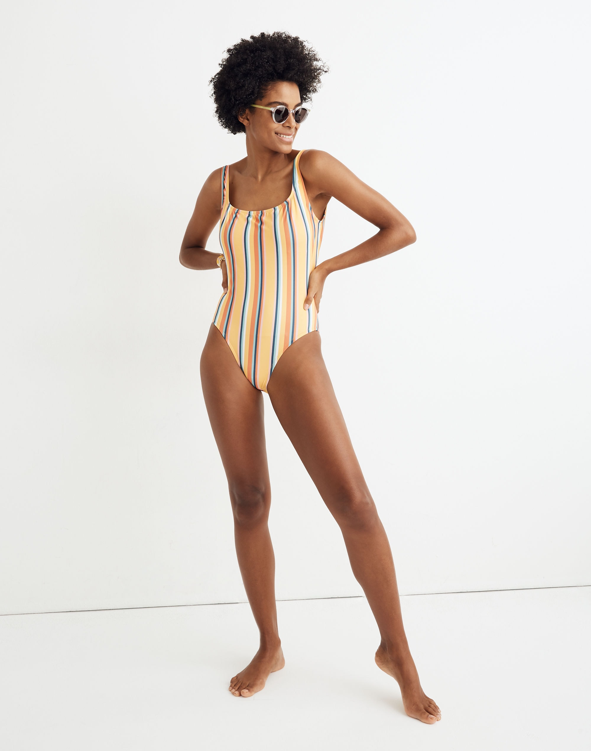 madewell second wave square-neck tank one-piece swimsuit in almeria stripe