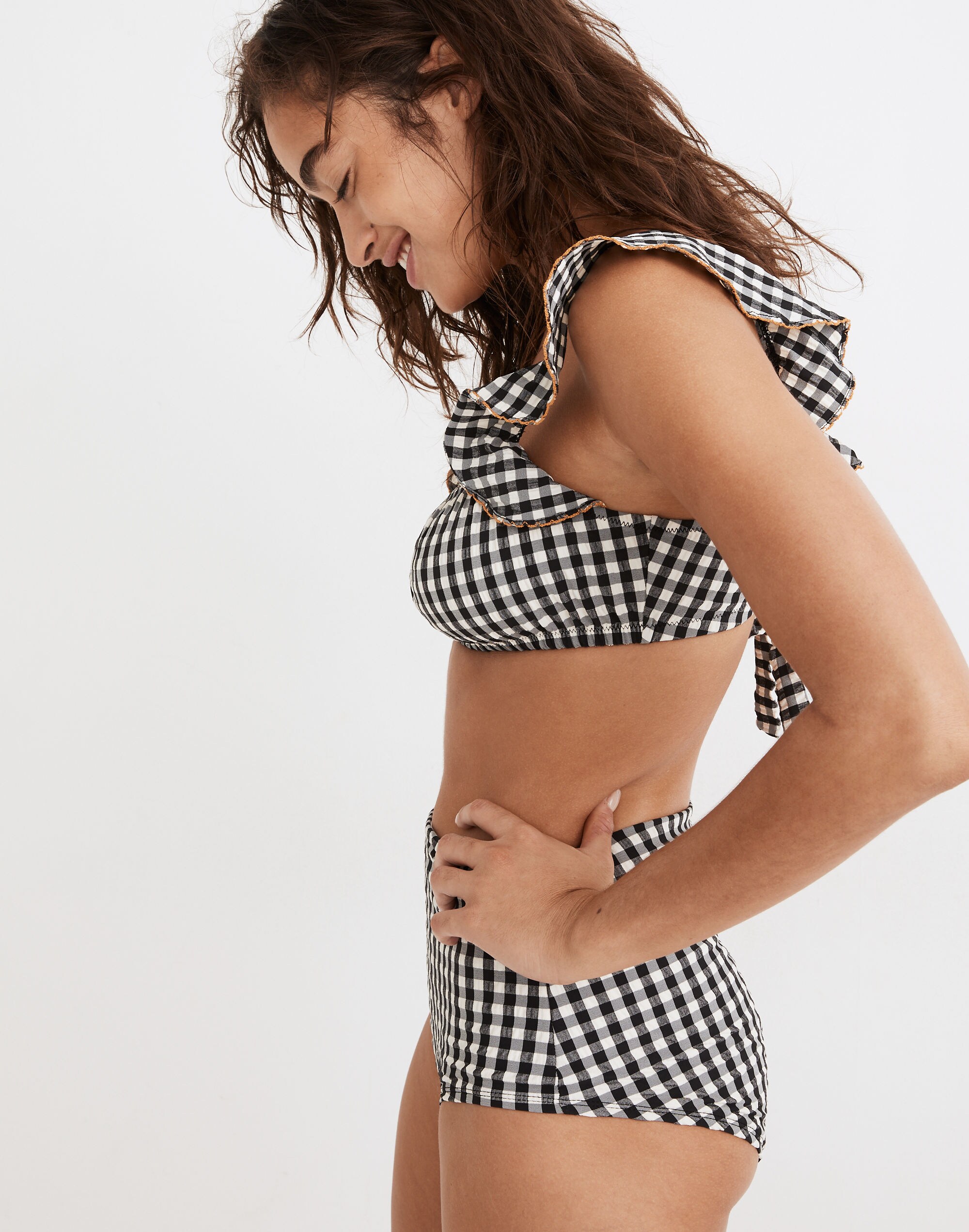 Madewell Second Wave Seersucker Ruffle-Strap Bikini Top in Gingham Check
