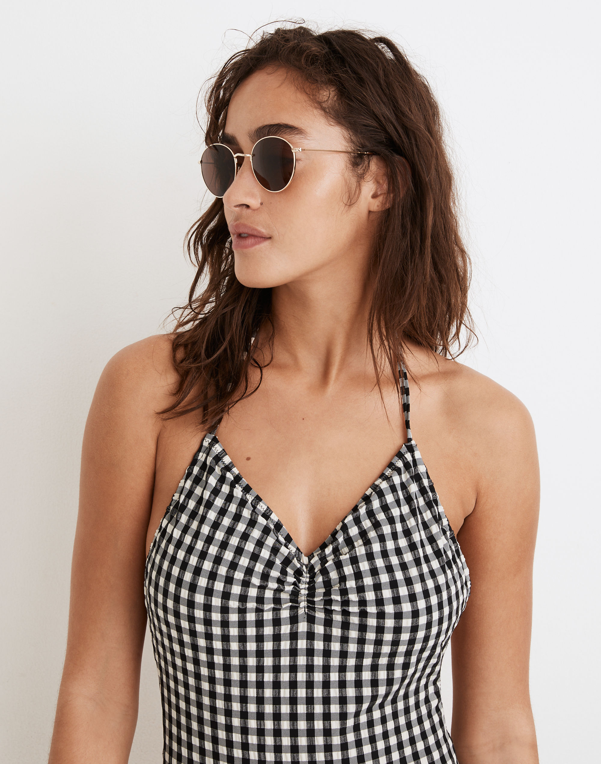 Madewell Second Wave Seersucker Drawstring One-Piece Swimsuit in Gingham Check