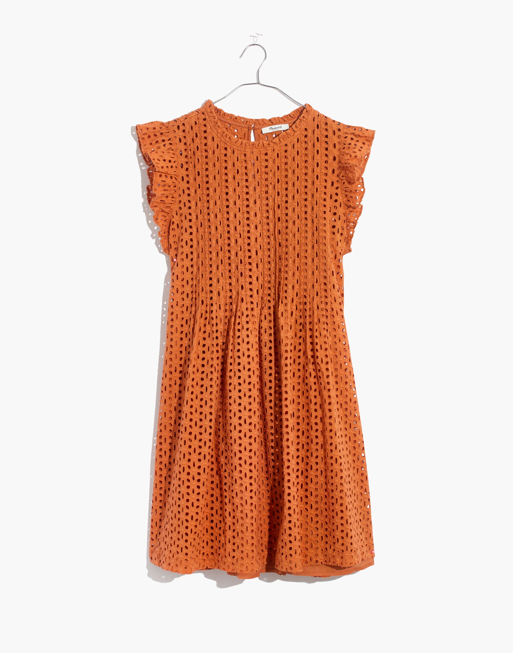 Eyelet Ruffle-Sleeve Pintuck Mini Dress
