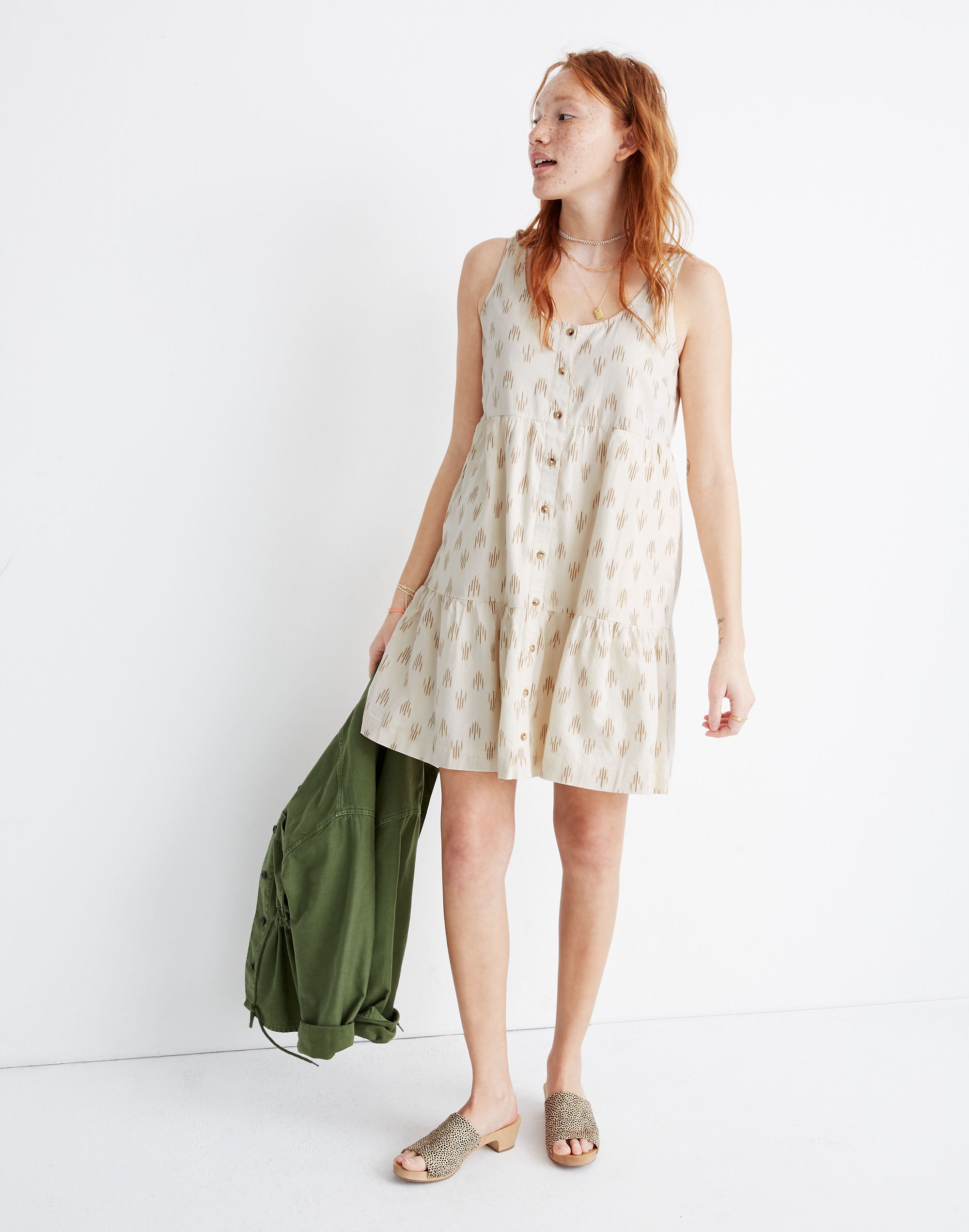 Sleeveless Button-Front Tiered Mini Dress in Ikat