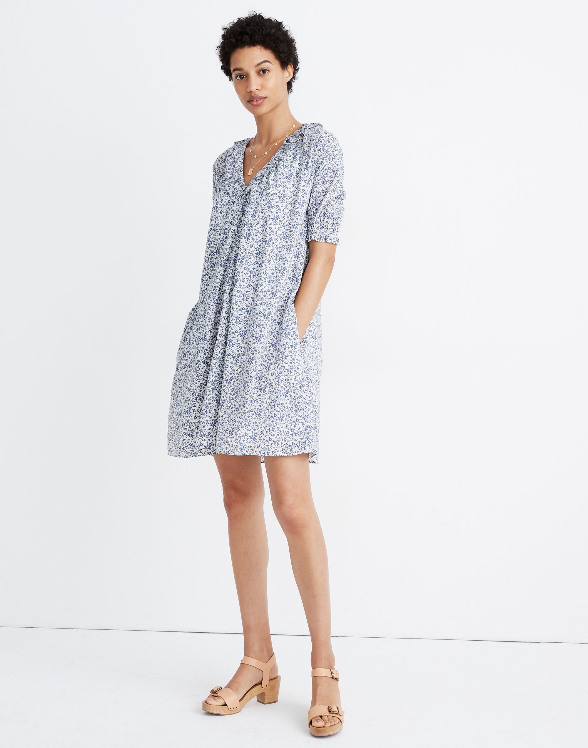 Ruffle Button-Front Trapeze Dress in Americana Floral