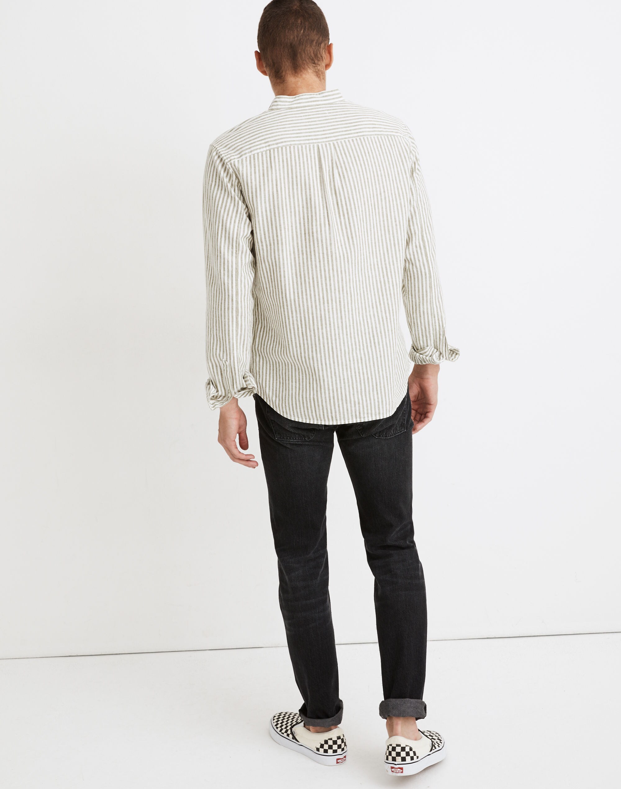 Linen-Blend Banded-Collar Perfect Shirt in Woodruff Stripe