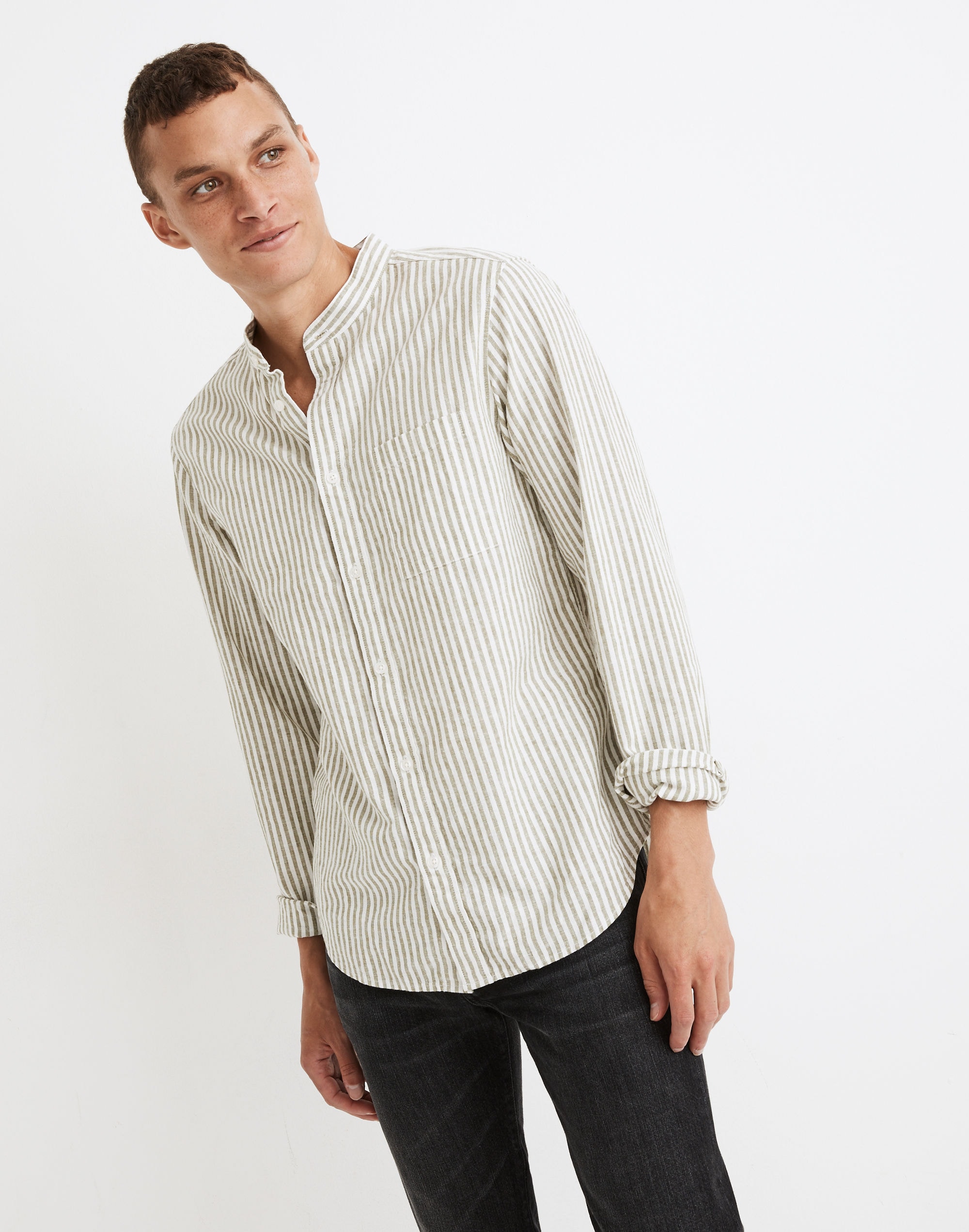 Linen-Blend Banded-Collar Perfect Shirt in Woodruff Stripe