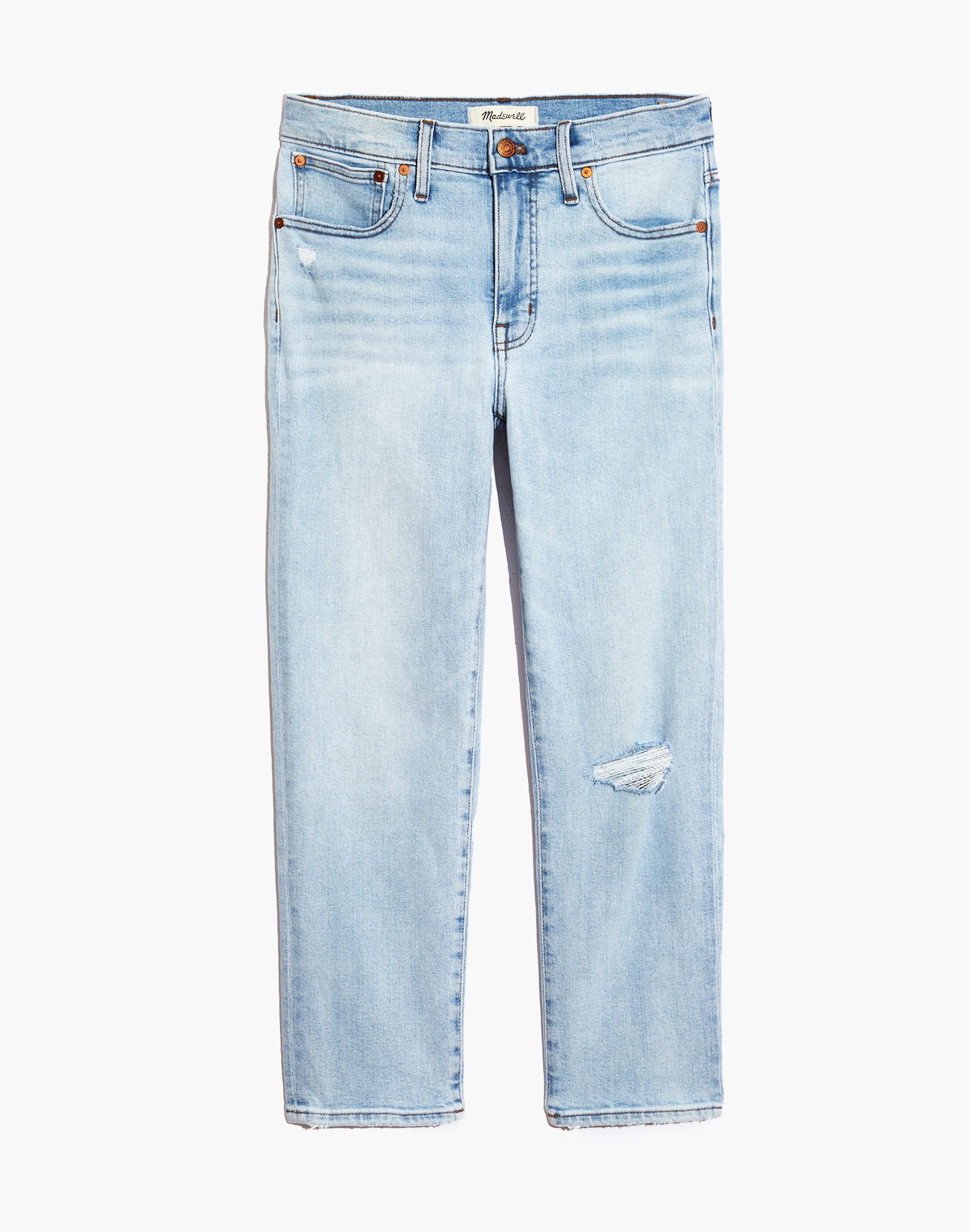 Mid-Rise Classic Straight Jeans in Wellingford Wash: Knee-Rip Edition