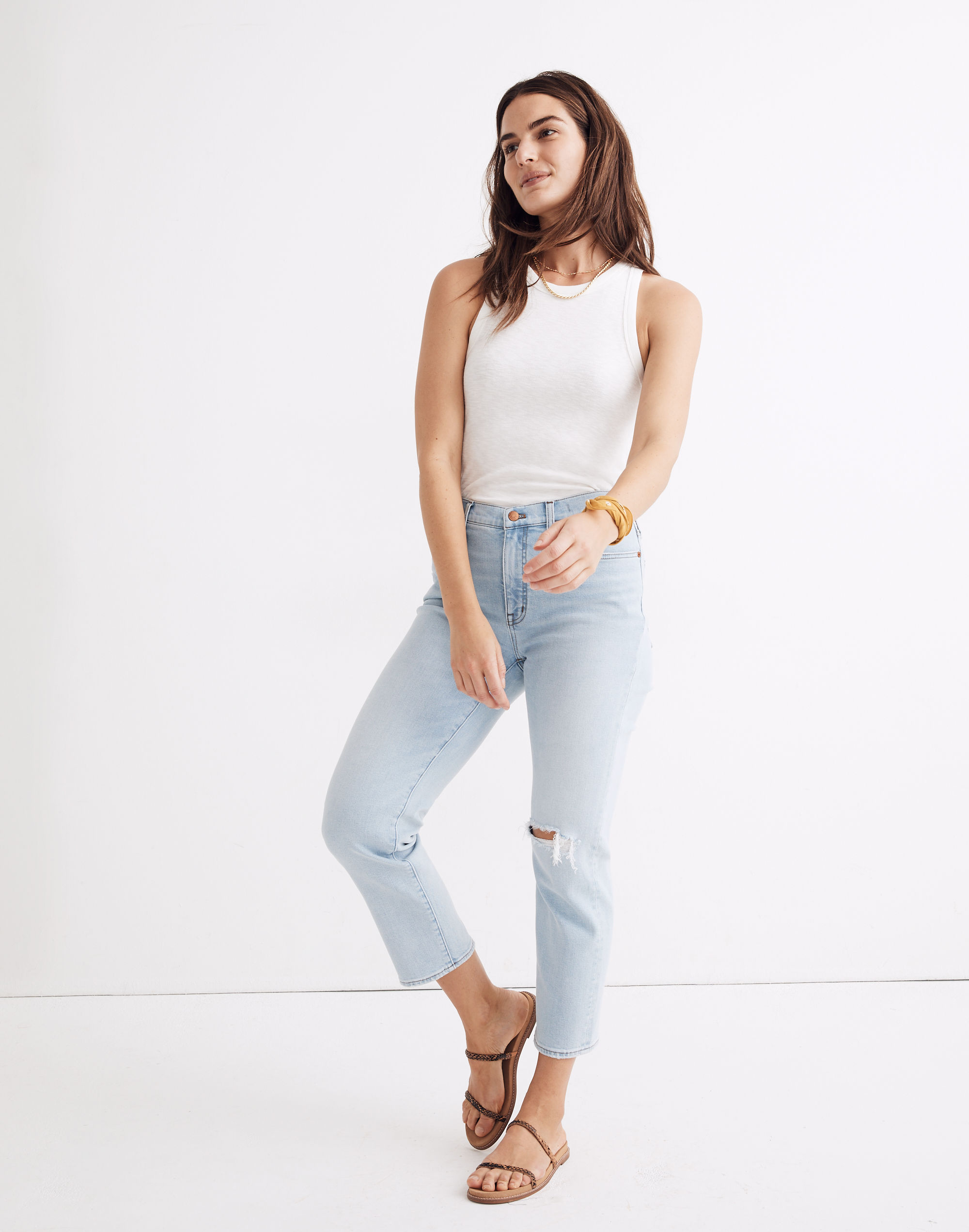 Mid-Rise Classic Straight Jeans in Wellingford Wash: Knee-Rip Edition