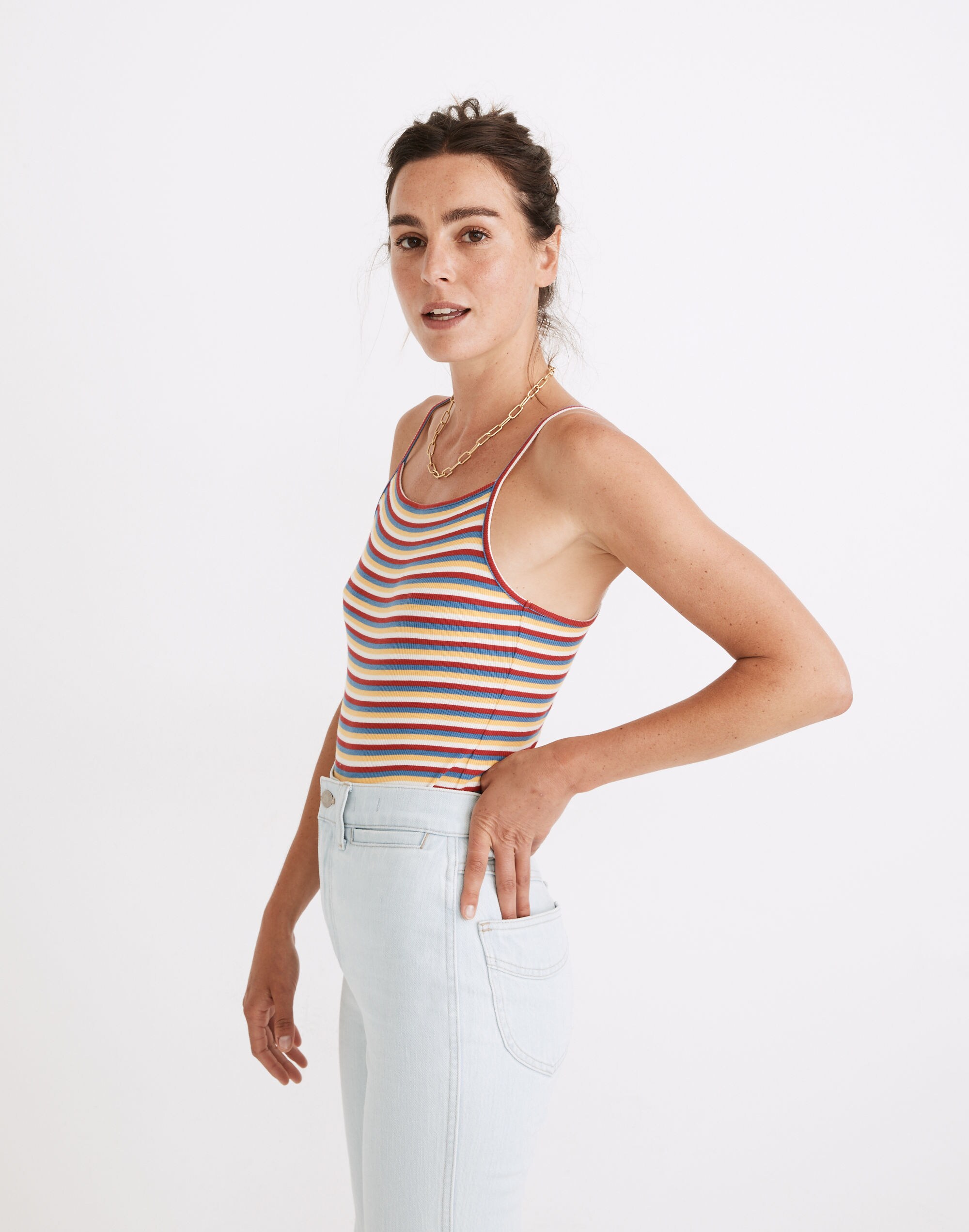 Ribbed Spaghetti-Strap Thong Bodysuit in Rainbow Stripe