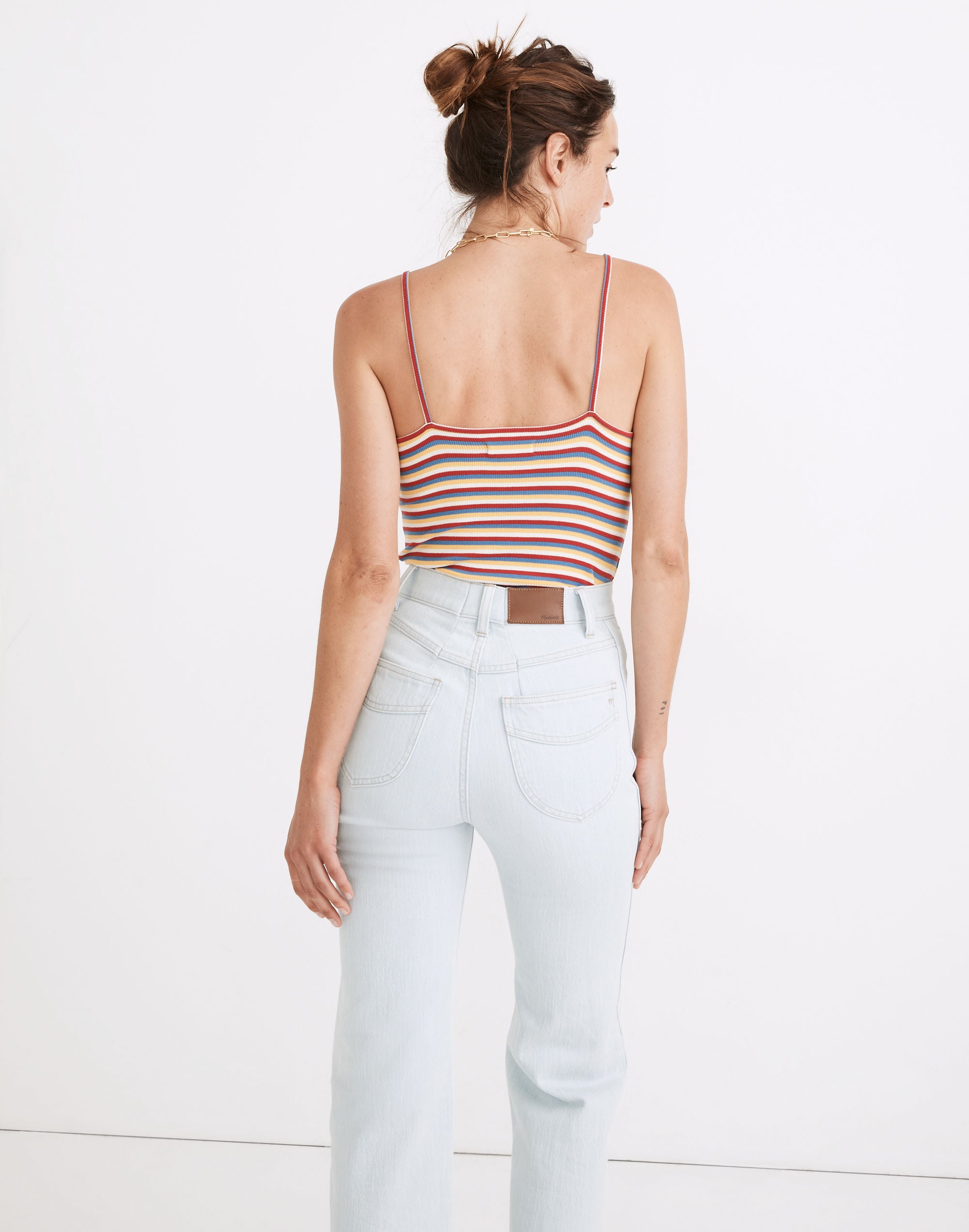 Ribbed Spaghetti-Strap Thong Bodysuit in Rainbow Stripe