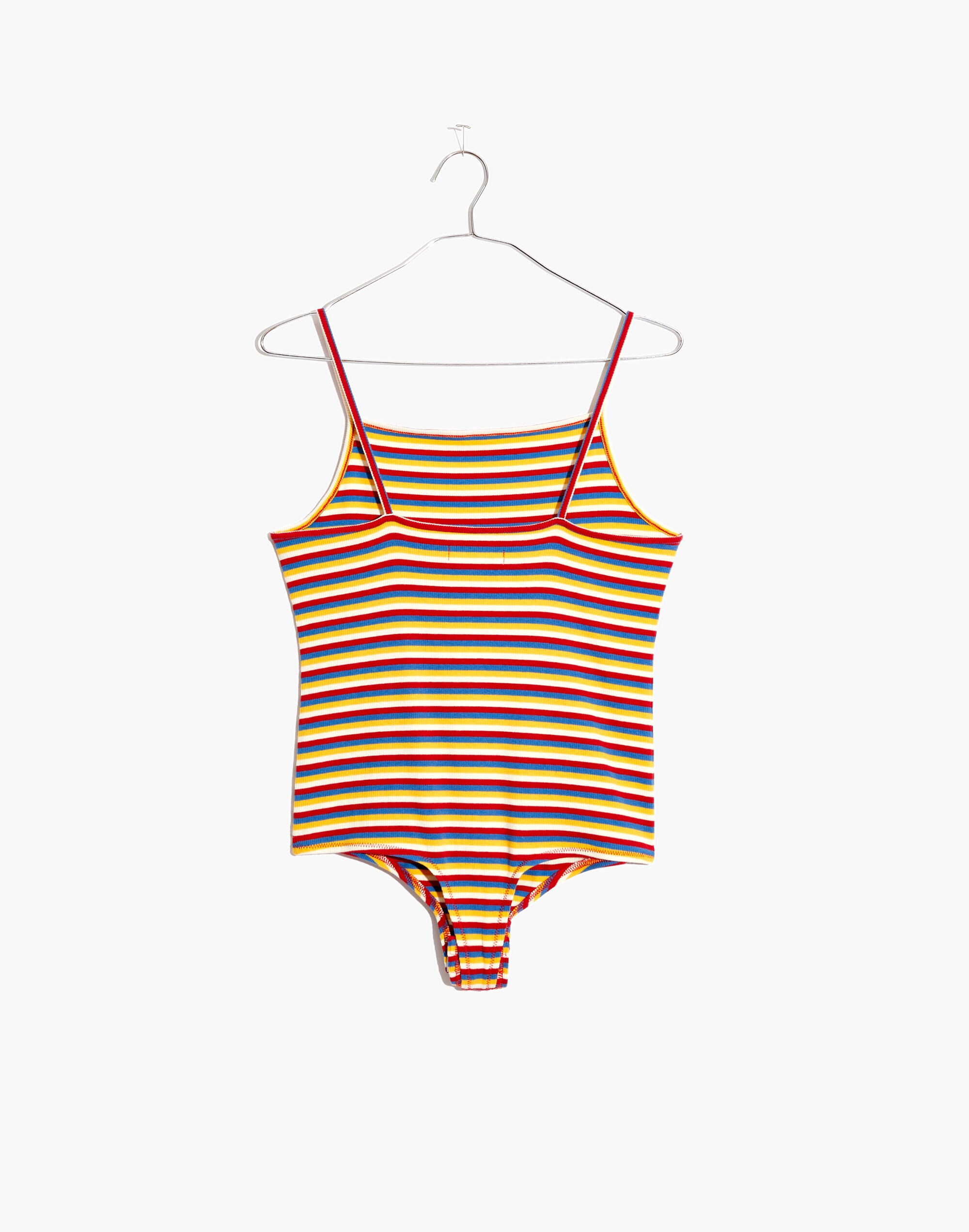 Ribbed Spaghetti-Strap Thong Bodysuit in Rainbow Stripe
