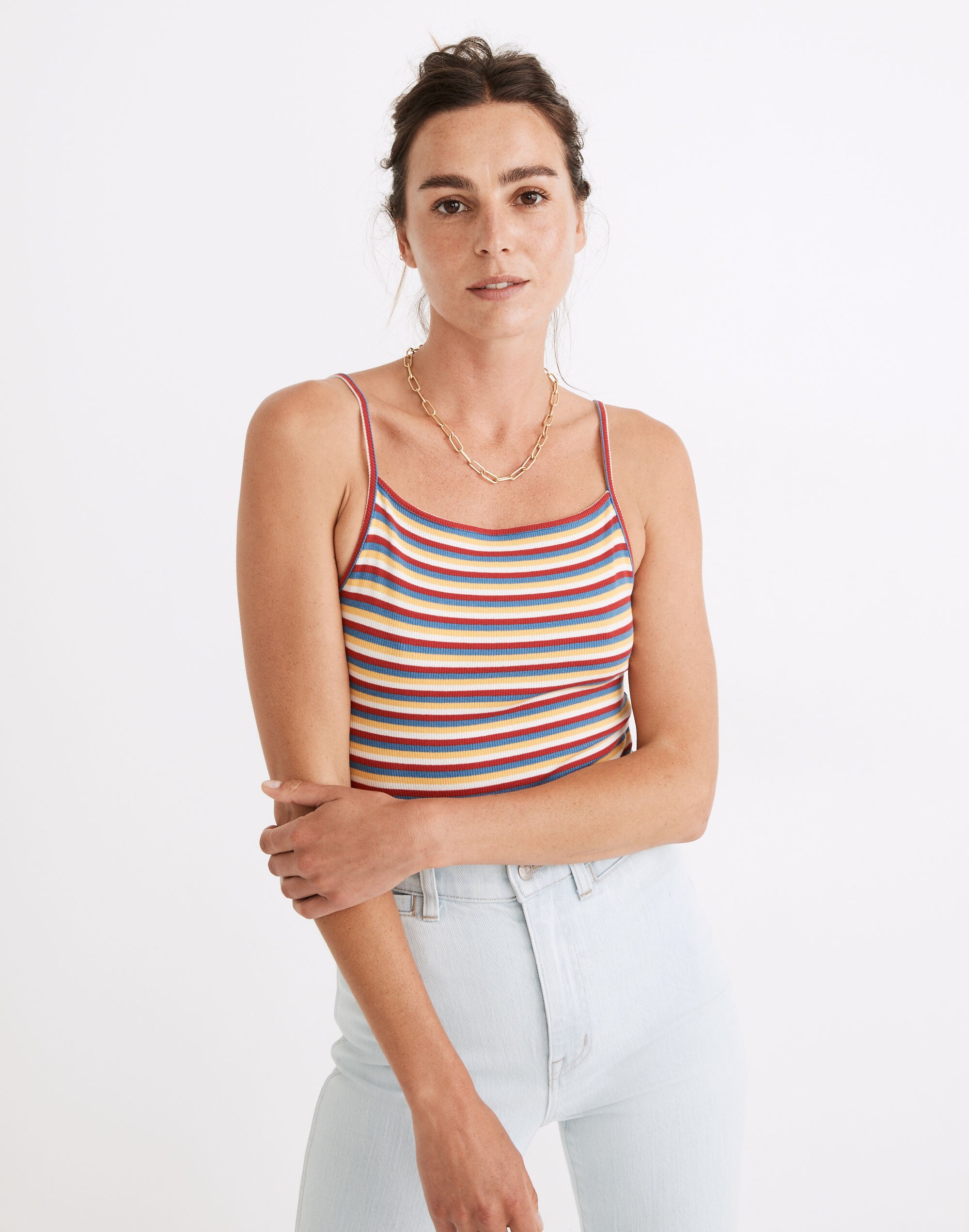 Ribbed Spaghetti-Strap Thong Bodysuit in Rainbow Stripe