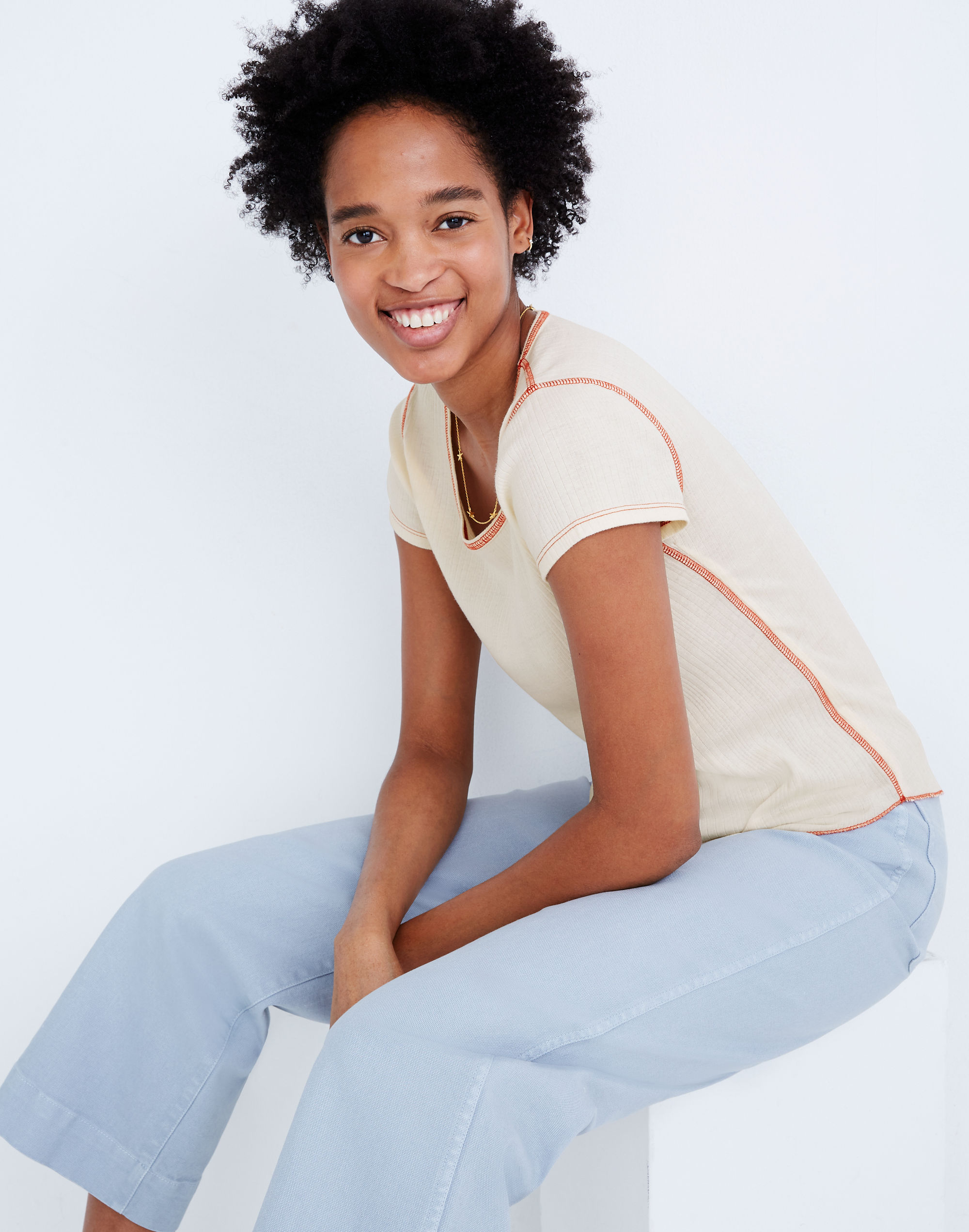 Ribbed Contrast-Stitch Baby Tee